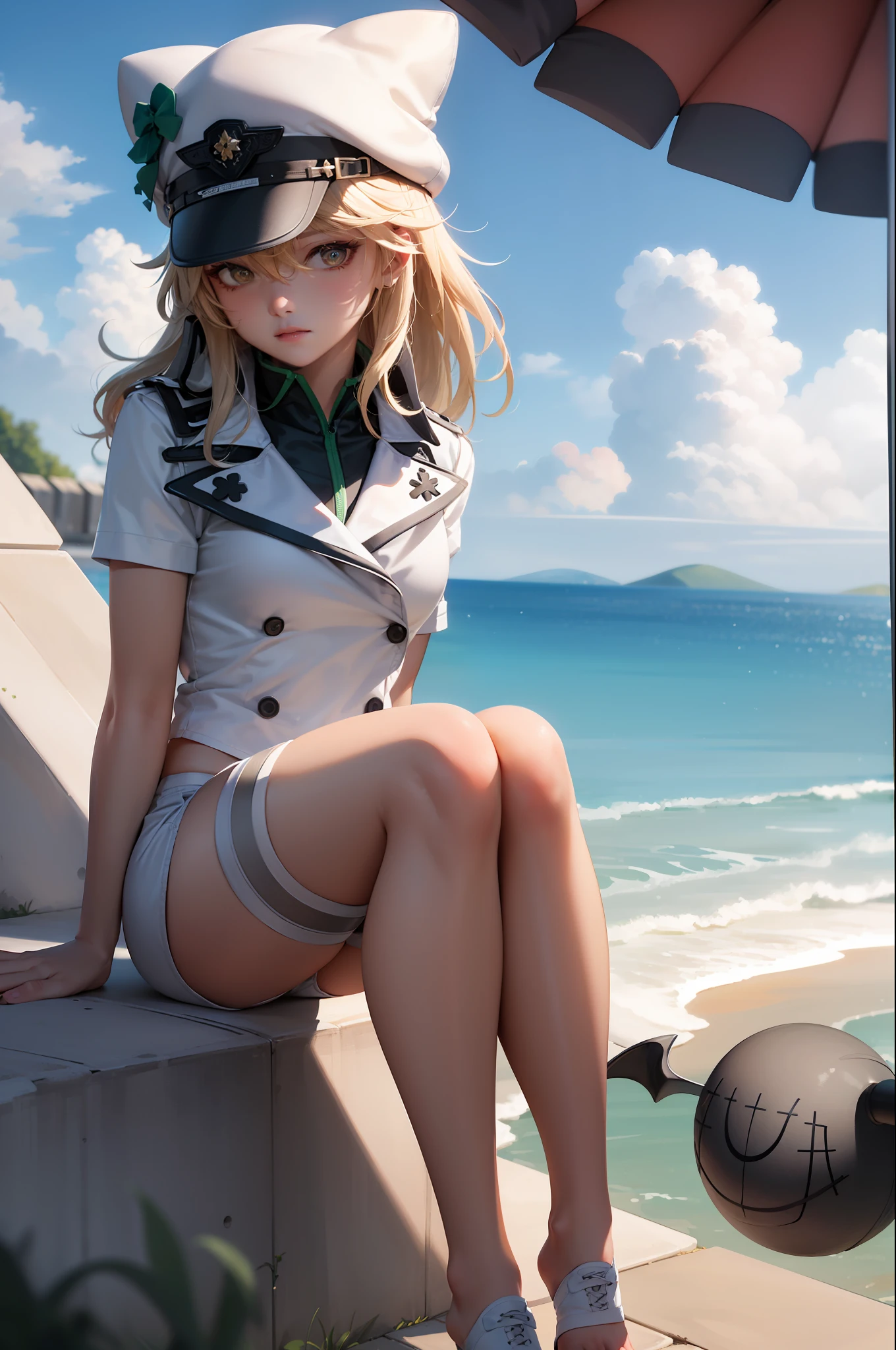(masterpiece, best quality: 1.2), Cowboy shot, solo, 1girl, Ramlethal valentine, dark skin, looking at the viewer, thigh strap, outdoor, thick thighs, shorts, white shorts, expressionless, sitting, bare legs, tight, white hat,
