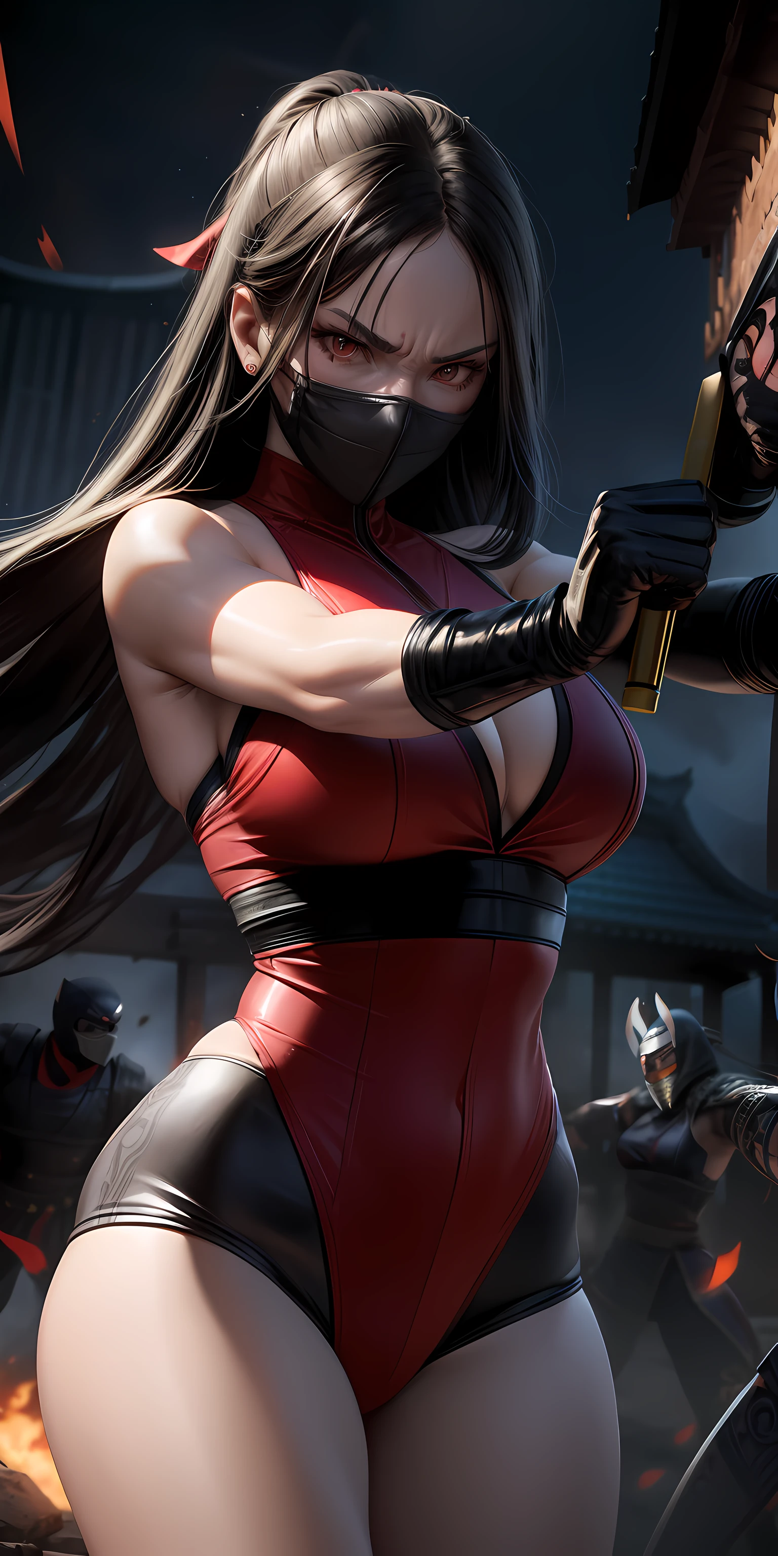 realistic, 1girl, long hair:1.5, black hair:1.2, red eyes:1.5, bright eyes, mortal kombat, ninja, blood, scar, weapons, swimsuit, mortal kombat suit, large breasts, fighting pose, furious look, temple, meditation, injuries, mask, facial mask