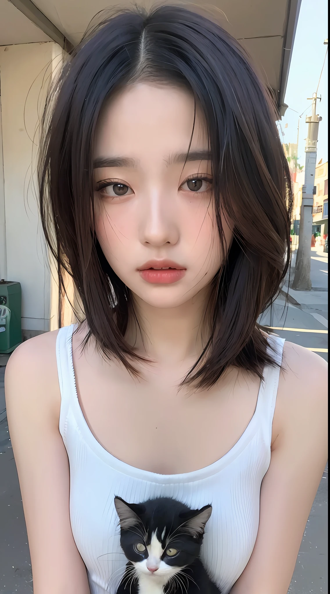 ((Best quality, 8k, Masterpiece :1.3)), Sharp focus:1.2, Perfect Body Beauty:1.4, Slim Abs:1.2, ((Layered hairstyle:1.2)), (Tank top shirt:1.1), (Street:1.2), Highly detailed face and skin texture, Fine eyes, Double eyelids, slightly raised head, melancholy eyes, holding a kitten that has been white