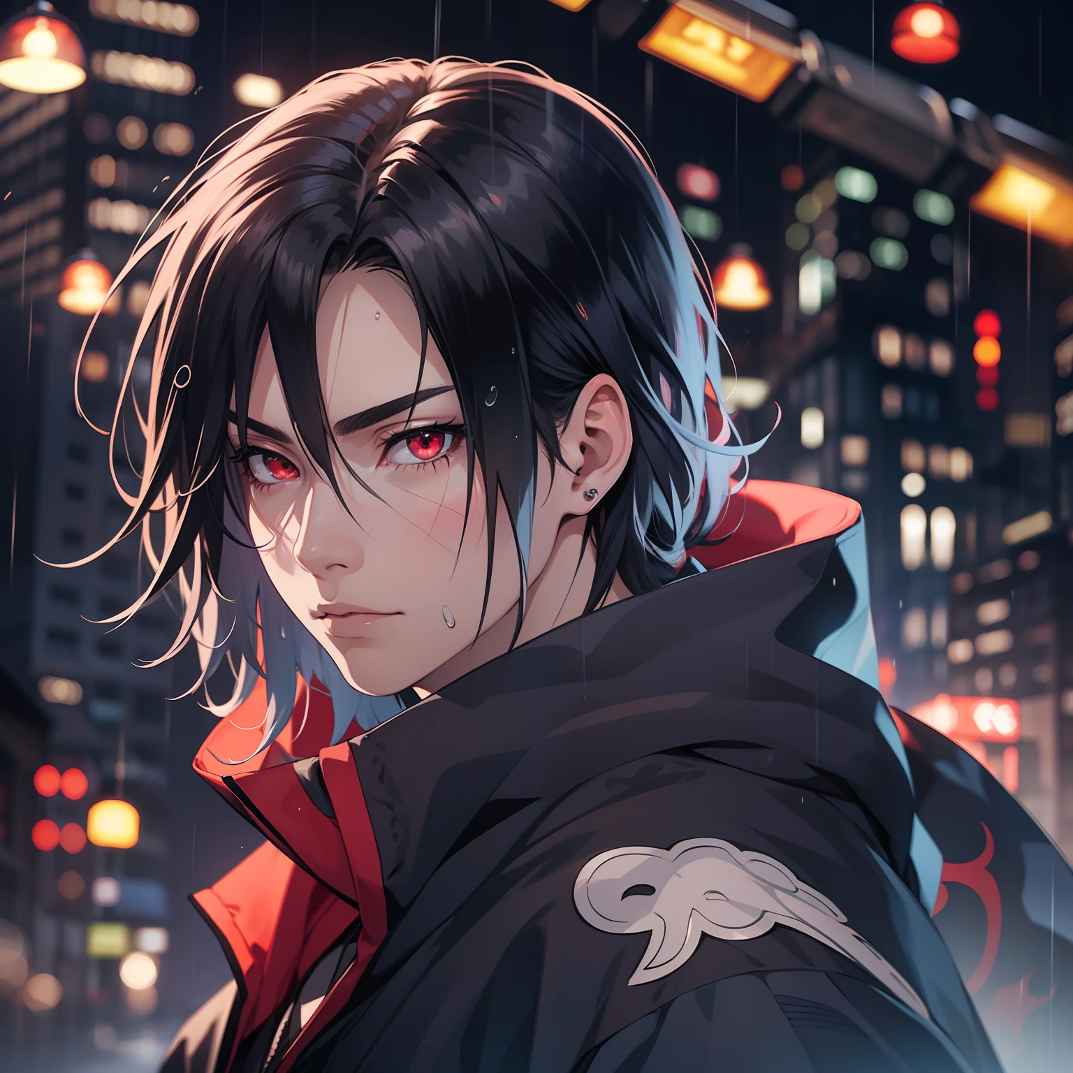 kk, best quality, more details, masterpiece, 1boy, itachi uchiha, portrait, male focus, red eyes, solo, fringe, looking at viewer, short hair, rain, Naruto \(city\), hood, nail polish, black hair, luxurious, 8k, detailed, ray tracing, depth of field, cinematic lighting, male