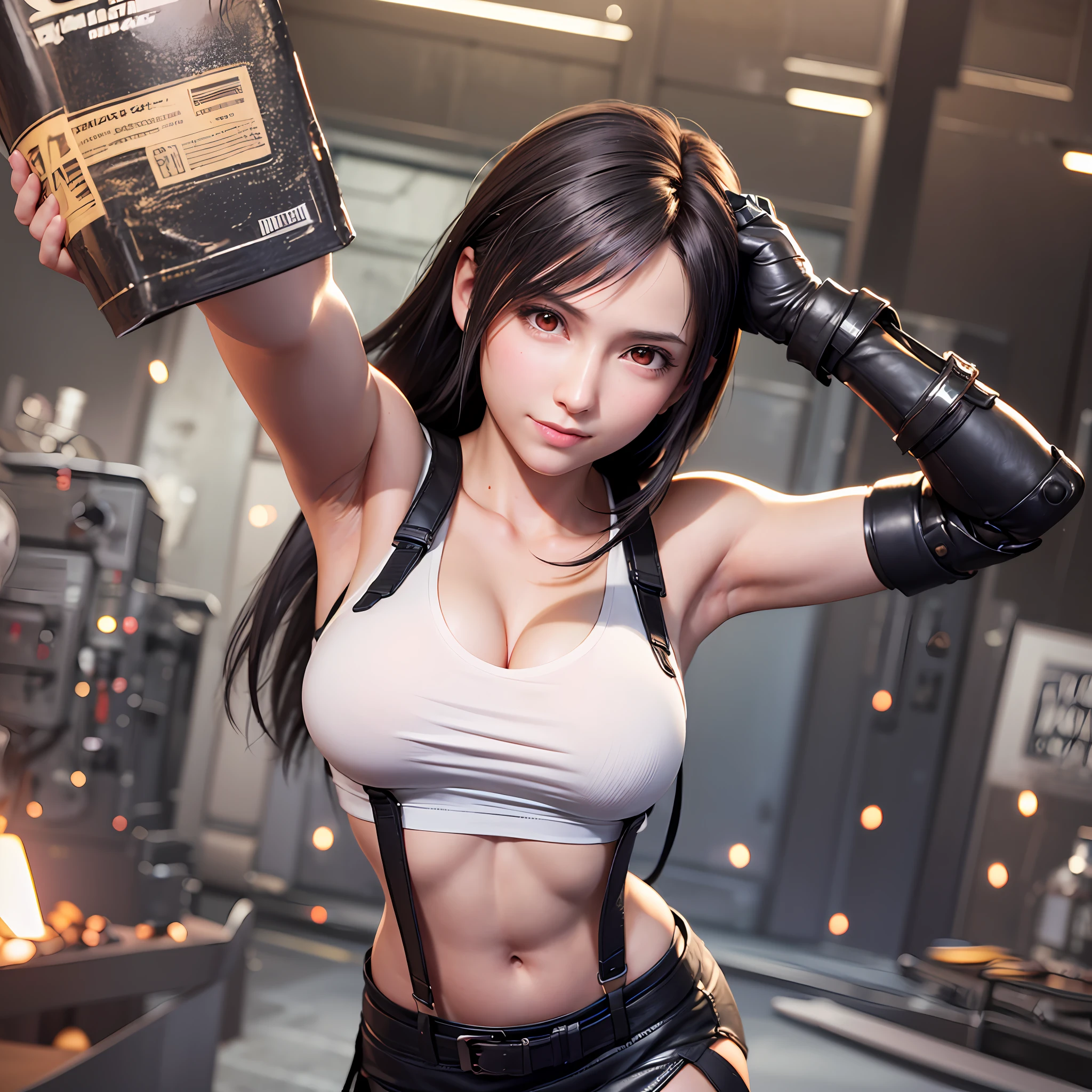 8k,masterpiece, bset quality,big, (1 girl), tifa lockhart, red_eyes, black hair, long hair, shiny skin, shiny big, ((best quality)), crisp focus: 1.2, highly detailed face and skin texture, detailed eyes, perfect face, perfect body, art, cg, blur background, big with presence, (20yo, Mature cool and beautiful face), wearing ((suspender black skirt)),(( black elbow gloves, white taut shirt, thigh, white tank top, navel, blush)), futuristic robot weapon factory, upper body, smile, professional light source, fluttering hair, dynamic action, dynamic pose,