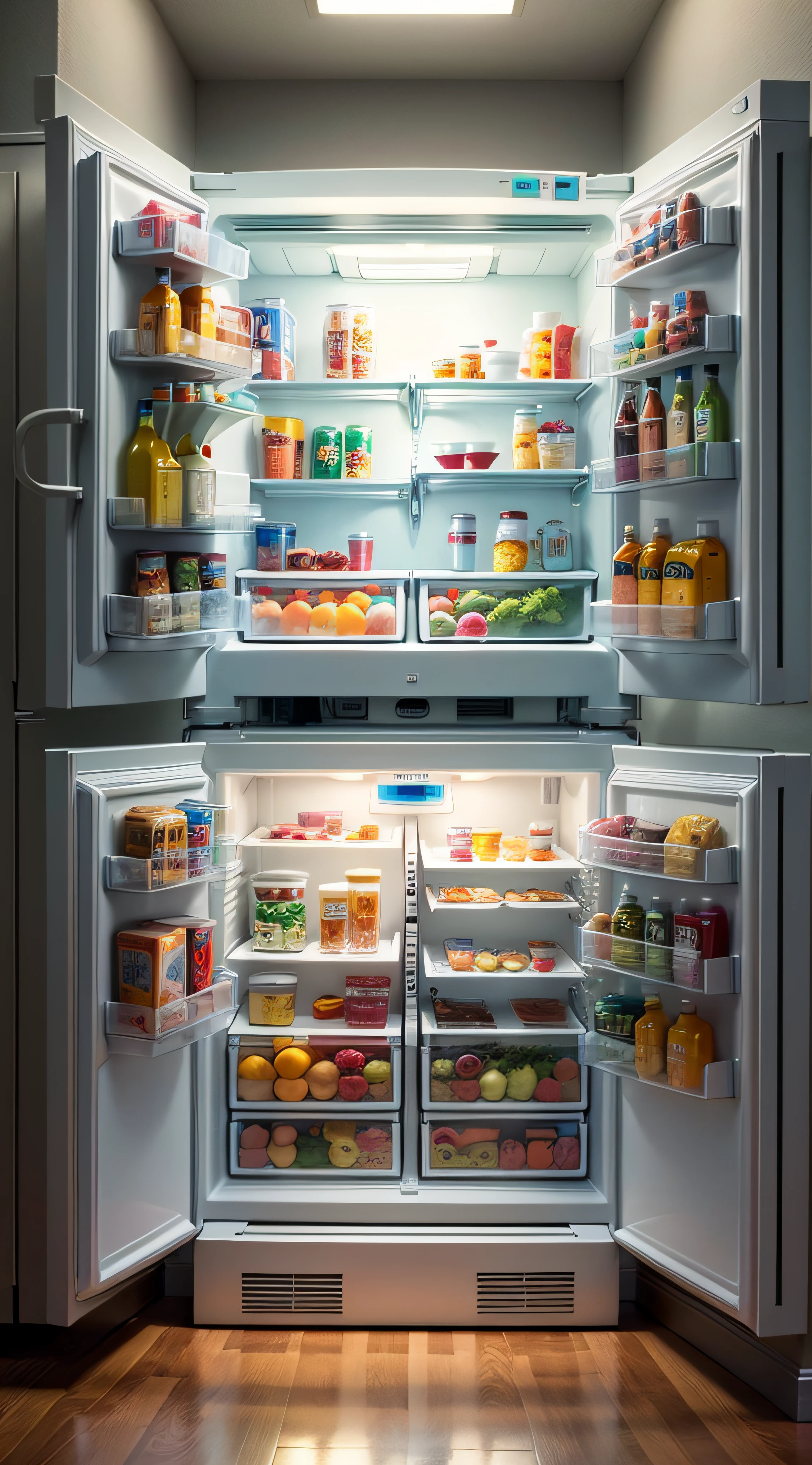Refrigerator with two open doors, well organized, ultra 8k, perfect detailing, realistic, with natural lighting.