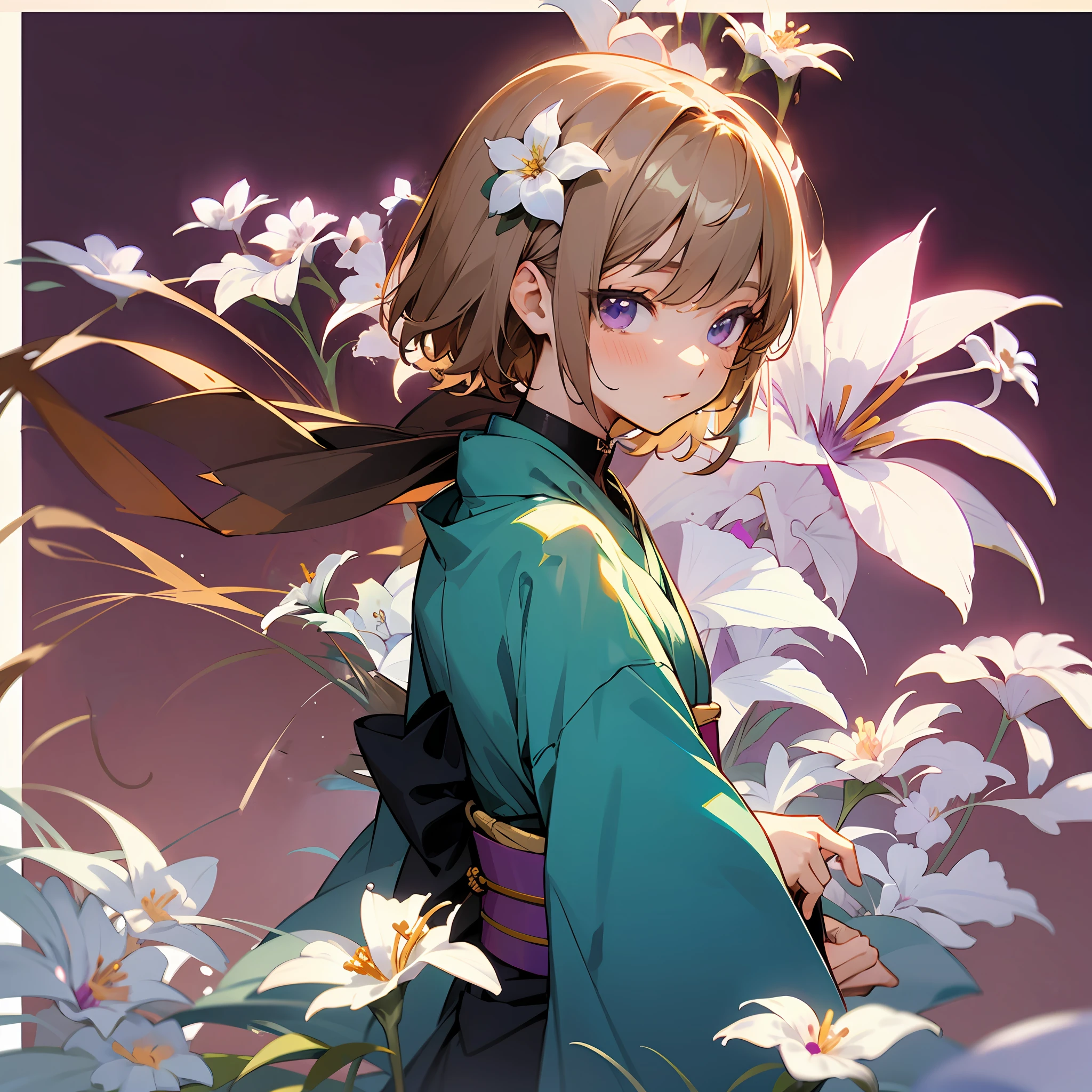 Short hair back, long front, light brown hair, with a white flower in the hair