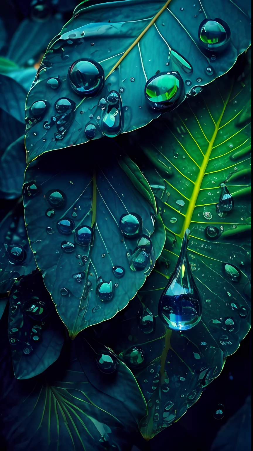 a closeup of a green leaf with water droplets on it, drops, drops, detailed drops, raindrops, raindrops, dew drops, green rain, water drops, ultra detailed raindrops, wet leaves, dew drops, water drops, raindrop, blue and green, water drop, after rain, drops on the walls, Best quality, masterpiece, ultra high res, (photorealistic: 1.4),