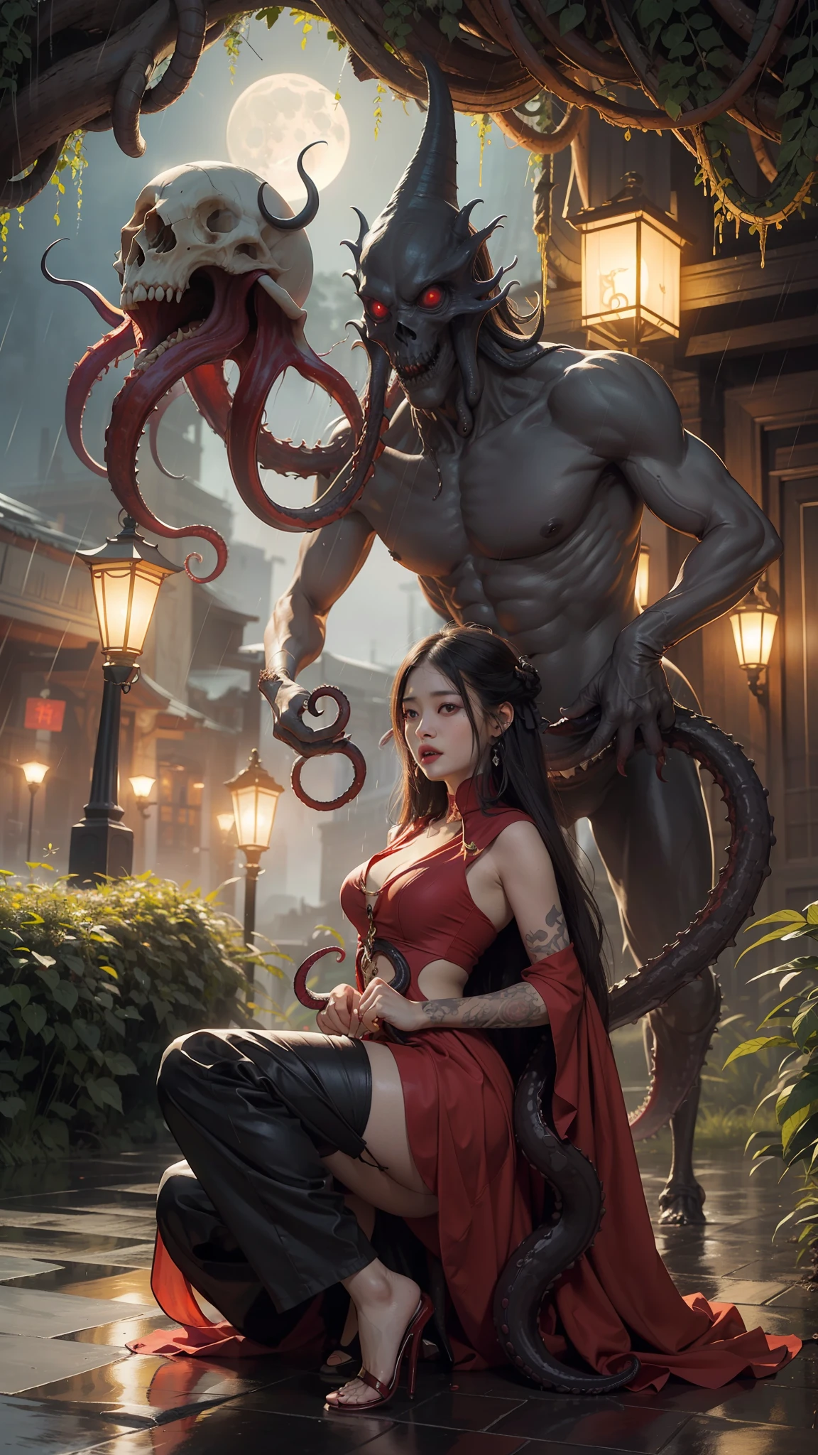 幽静森林,月亮,波斯菊,参天大树,Horror, spooky, frightening, secret terror, tentacles, vines, eyes, uncanny valley effect teeth, limbs, animals, plants, buildings,Saint Seiya,, Cthulhu, Blade, Reaper, Tentacle Monster, Kraken, Demon, Angel, Volcanic Eruption, Moon, River, Skull, Rain