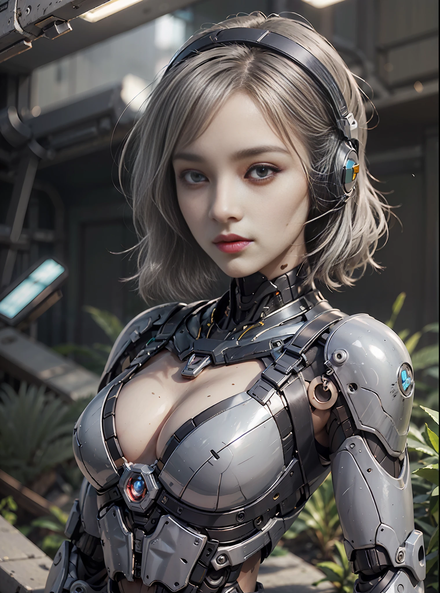 8K, Best Quality, Masterpiece, Ultra High Resolution, (Realism: 1.4), Girl Futuristic Battle Suit, Green Pupils, In the cockpit of a mecha, dark Clouds, Lightning, Real Woman, Cleavage, Real Face, Cute Girl, Perfect Cyborg Girl, Wearing Sci-Fi Headphones, Beautiful Female , Beautiful Girl Cyborg, Silver Hair, full body