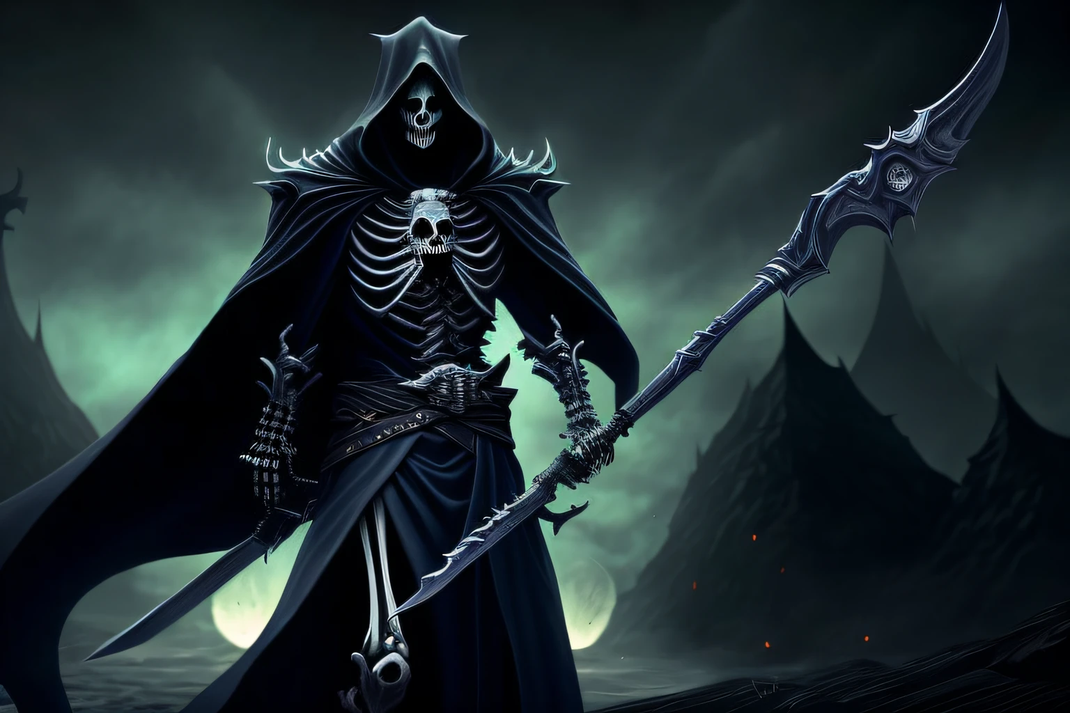 A closeup of the entity death, with a sword on a dark background, Lich, the Harbringer of Death, Undead Lich, Reaper of the Night!!!, Dark Reaper, the Dark Reaper, reminded me of the Dark Reaper, King of the Reaper of Time, the Reaper as a scary, beautiful male god of death, necromancer, evil death, skeleton warrior