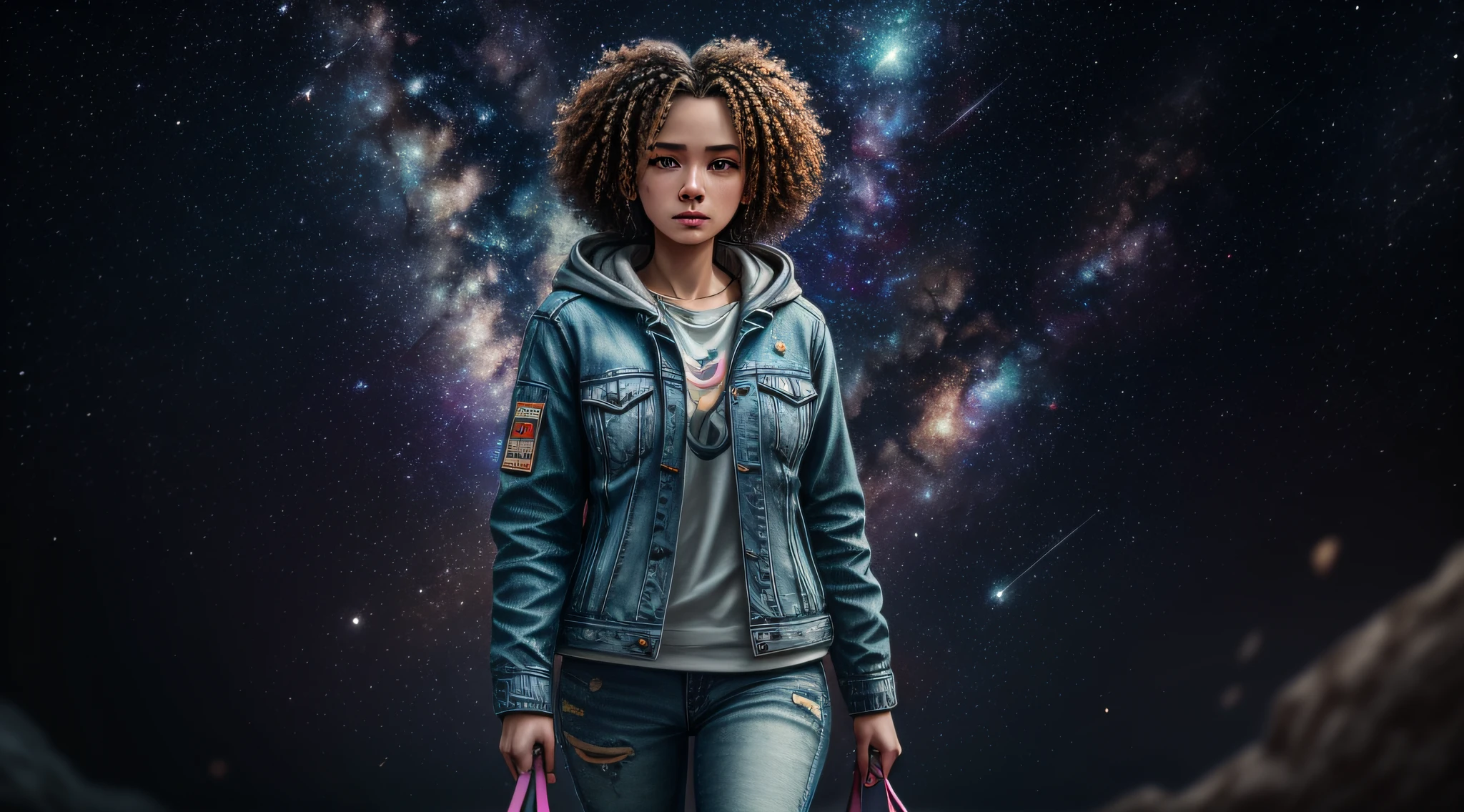 masterpiece, best illustration, woman 25 years old, short curly hair and voluminous, walking with her dog, ripped jeans, jacket, hood down, headphones, in the background a constellation and galaxies \(\(intricate details\)\),colorful details, iridescent colors BREAK,\(\(best quality masterpiece\)\),4k,ultra detailed,detailed lighting,\(\(inspired by Hayao Miyazaki\)\)
