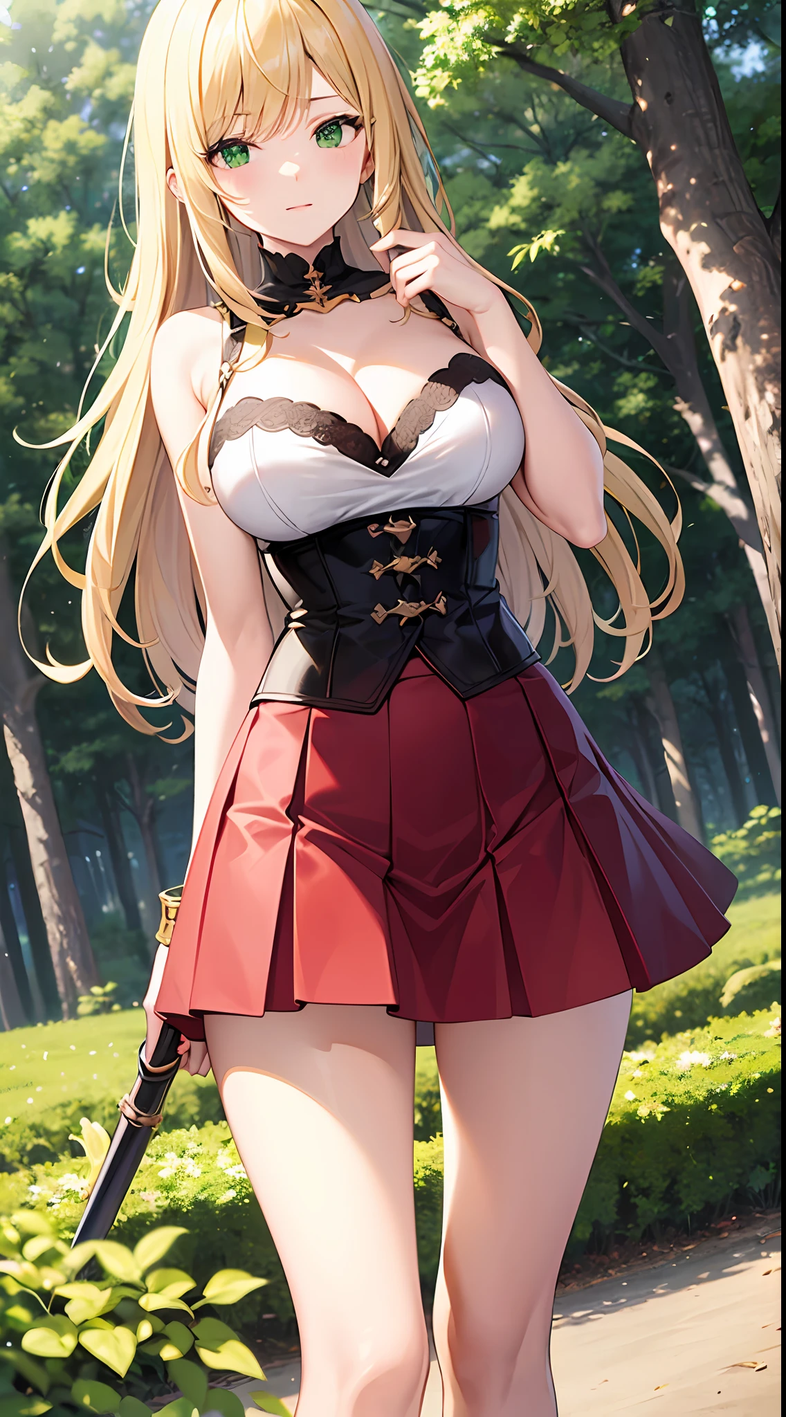 blonde hair, long hair, green eyes, cleavage, medium breast, skirt, slim legs, fighter, forest, guild