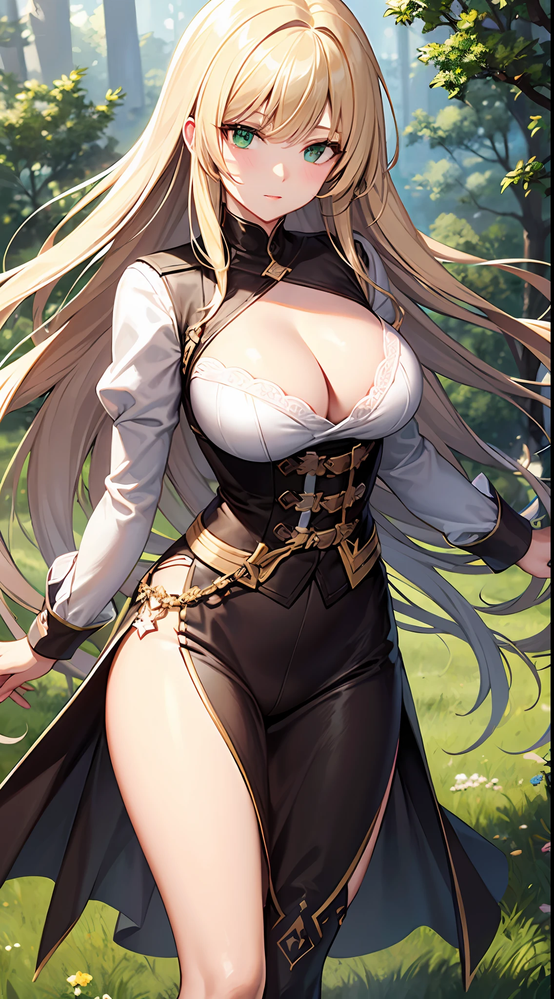 blonde hair, long hair, green eyes, cleavage, medium breast, skirt, slim legs, fighter, forest, guild