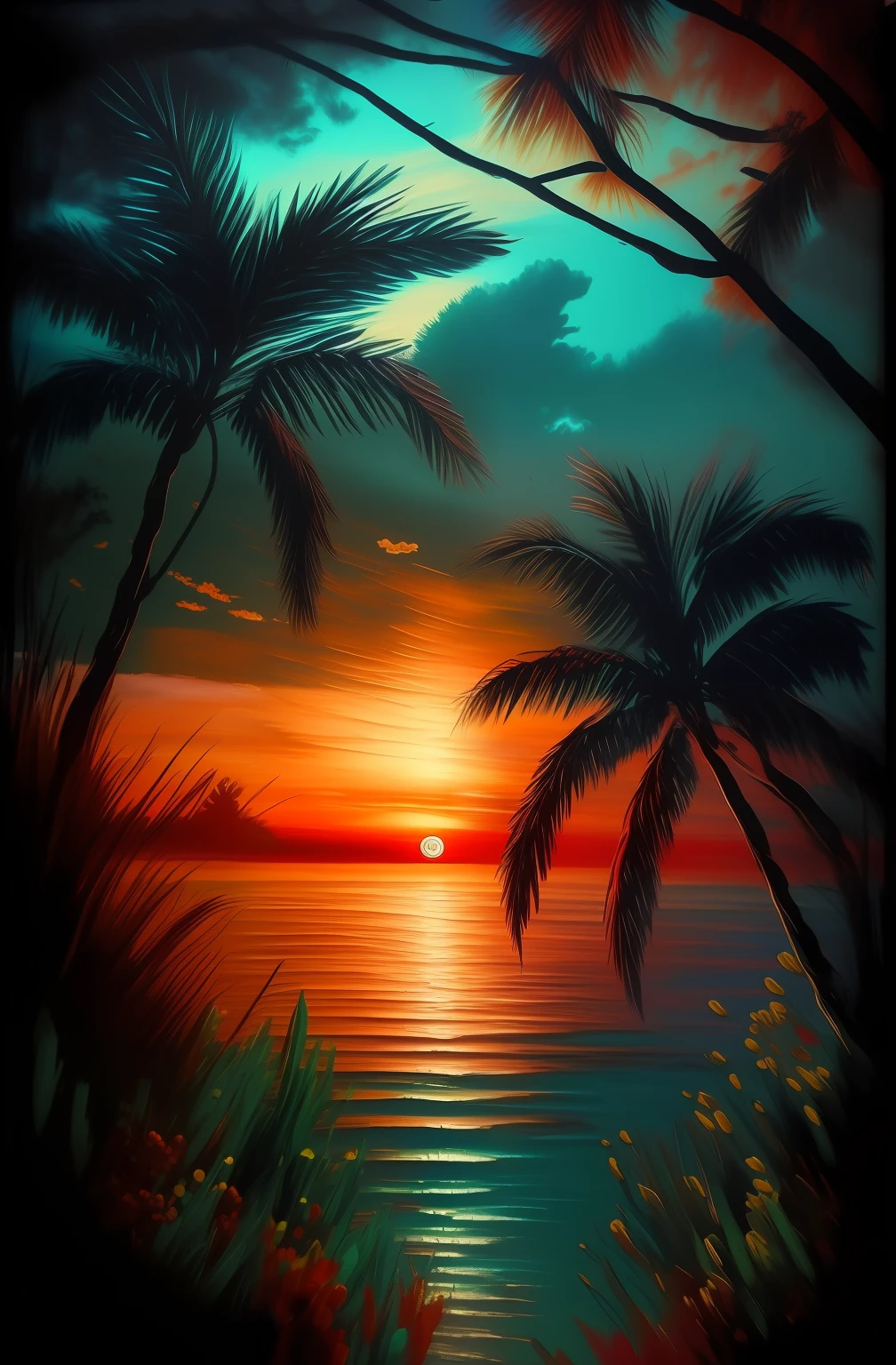 a painting of a sunset with palm trees and the ocean, colorful sunset, most beautiful sunset, colorful sunset!, beautiful sunset, beautiful sunset glow, nature painting, sunset colors, tropical paradise, sunset color, nice sunset, beautiful painting,  stunning painting, a beautiful painting, red sun over paradise, vibrant sunset, breathtaking colors, sunset glow, stunning sunset Best quality sunset, masterpiece, ultra high res, (photorealistic: 1.4),