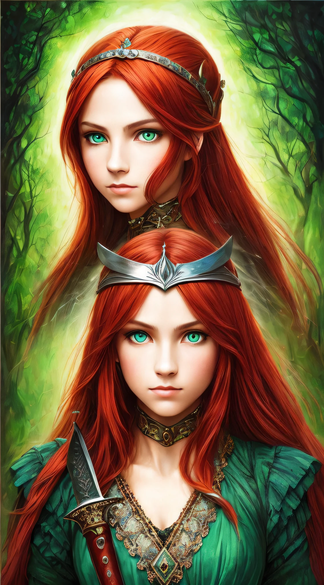Illustration of warrior princess, with sword, 8k of a beautiful red hair, elegant clothes, highly detailed, majestic, digital photography, wistful art art, grimm wood ,surreal painting , masterpiece, side lighting, beautiful green eyes intily detailed: 1.2 ), hdr, --auto