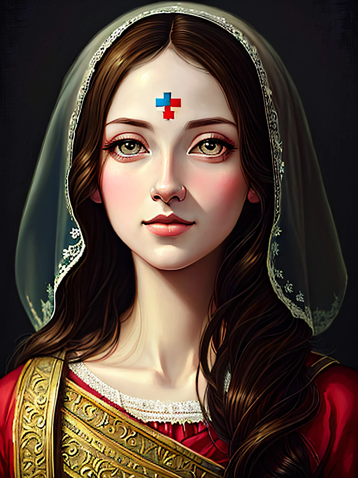 oil painting by Leonardo da Vinci, realistic photography, closeup face of Indian women with white and messy hair, her eyes are sweet and vibrant, her face is symmetrical, silky peach skin, soft torch luminosity on the face by REMBRADT, Adobe Illustration, Trending on Artstation, 8K, hd, cinematic, masterpiece, magnificent art, best quality