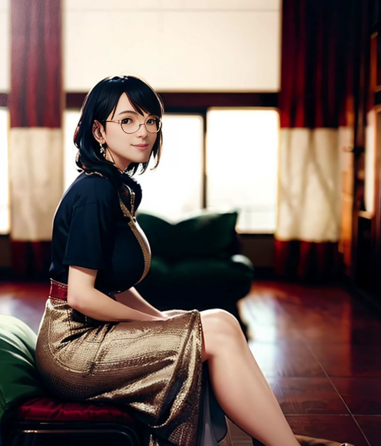 masterpiece, best quality, volumetric lighting, dynamic pose, intricately detailed face, intricately detailed dress, shy, smile, perfect clothes, 1girl, blonde, bodysuit ,gigantic boobs, skirt , open centre, glasses, skirt, sitting in chair, hall room view, front view, there is a woman standing on the balcony with a mobile phone, Yoshitomo Nara, Kasumi Arimura Style 3/4, Original Style, Yasumoto Oka, Midori Ishida, Chiho Aoshima, Lee Ji-eun, Lee Ji-eun, Teshirogi Shiori, Chiho