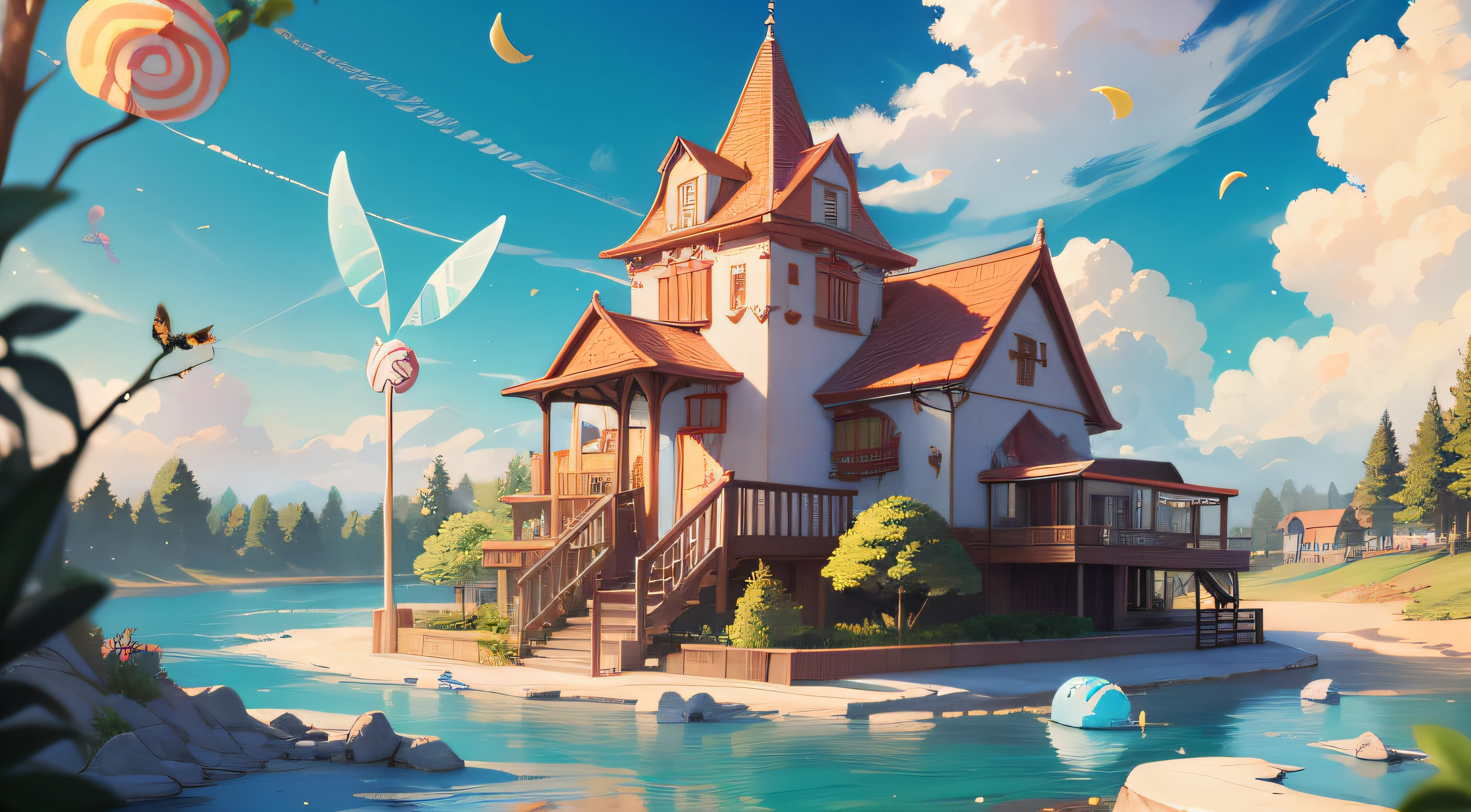 Cartoon style game scene, dusk white clouds, sky, childlike happy atmosphere, the whole picture is bright yellow as the main color, colorful colors, (ice cream), ((candy)), (fruit), close-up ice cream river, cartoon cute ice cream, card ventilator, candy world, lemon pinwheel, fairy tale world, ultra HD, master masterpiece, best quality, realistic lighting, masterpiece, high quality, beautiful graphics, global illumination, (HDR:1.3), best quality, 8k, perspective, depth of field, high resolution,