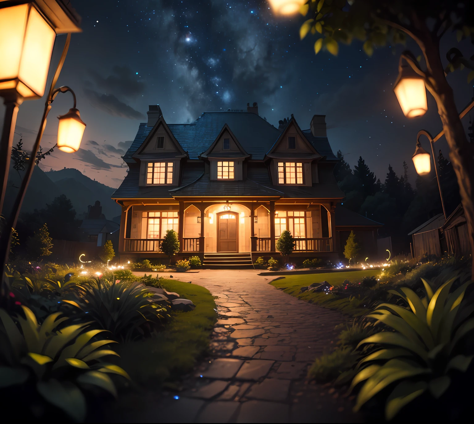 a RAW photo of a mansion, nature, plants, light particles, neon fireflies, night, volumetric lighting, (((macro lens))) , 8k, HDR, UHD, professional photography