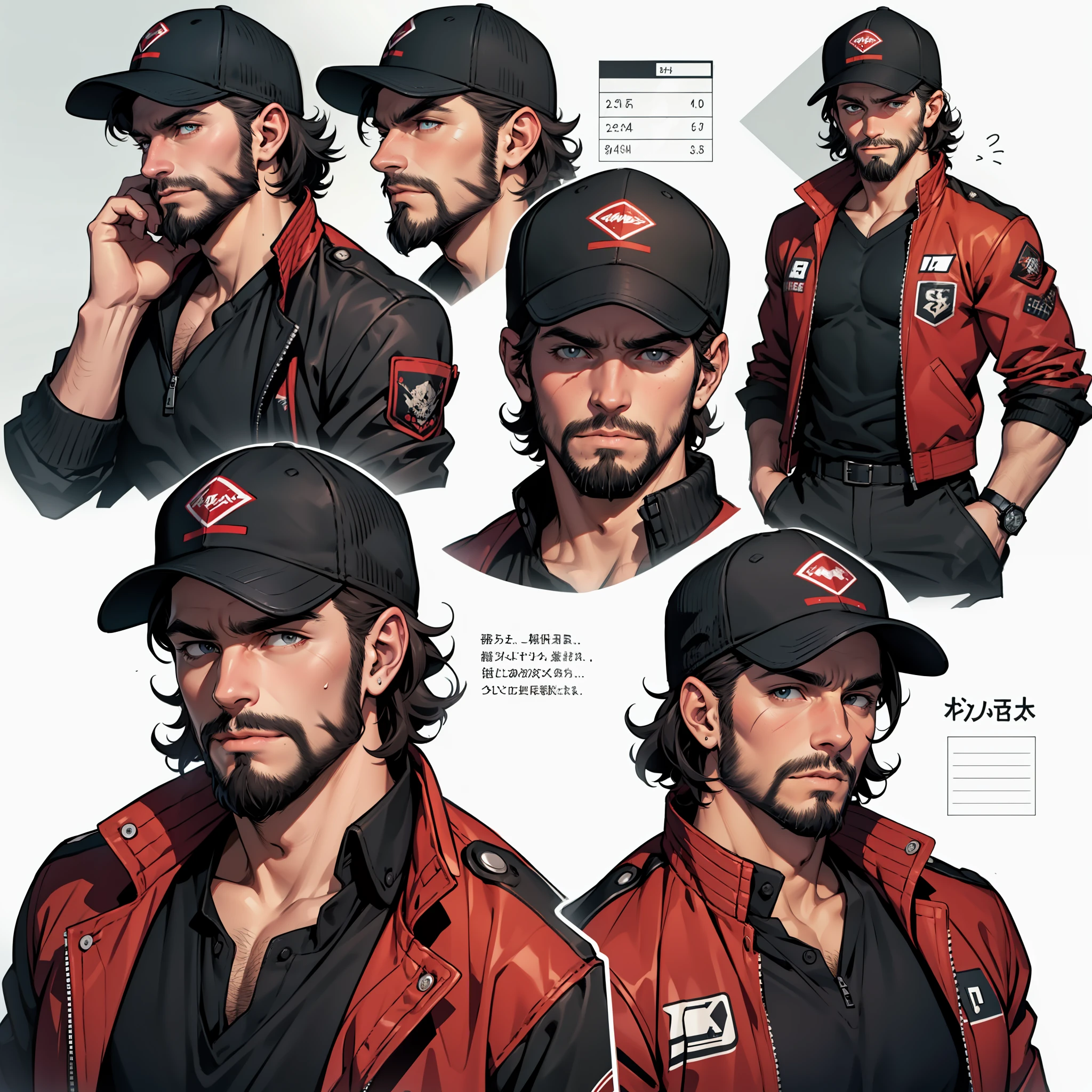 character sheet, white male with very curly short hair and beard, red baseball cap, black and red utility jacket, motorist, high quality, handsome, black suit pants, mild body hair, messy look, rugged, different facial expressions