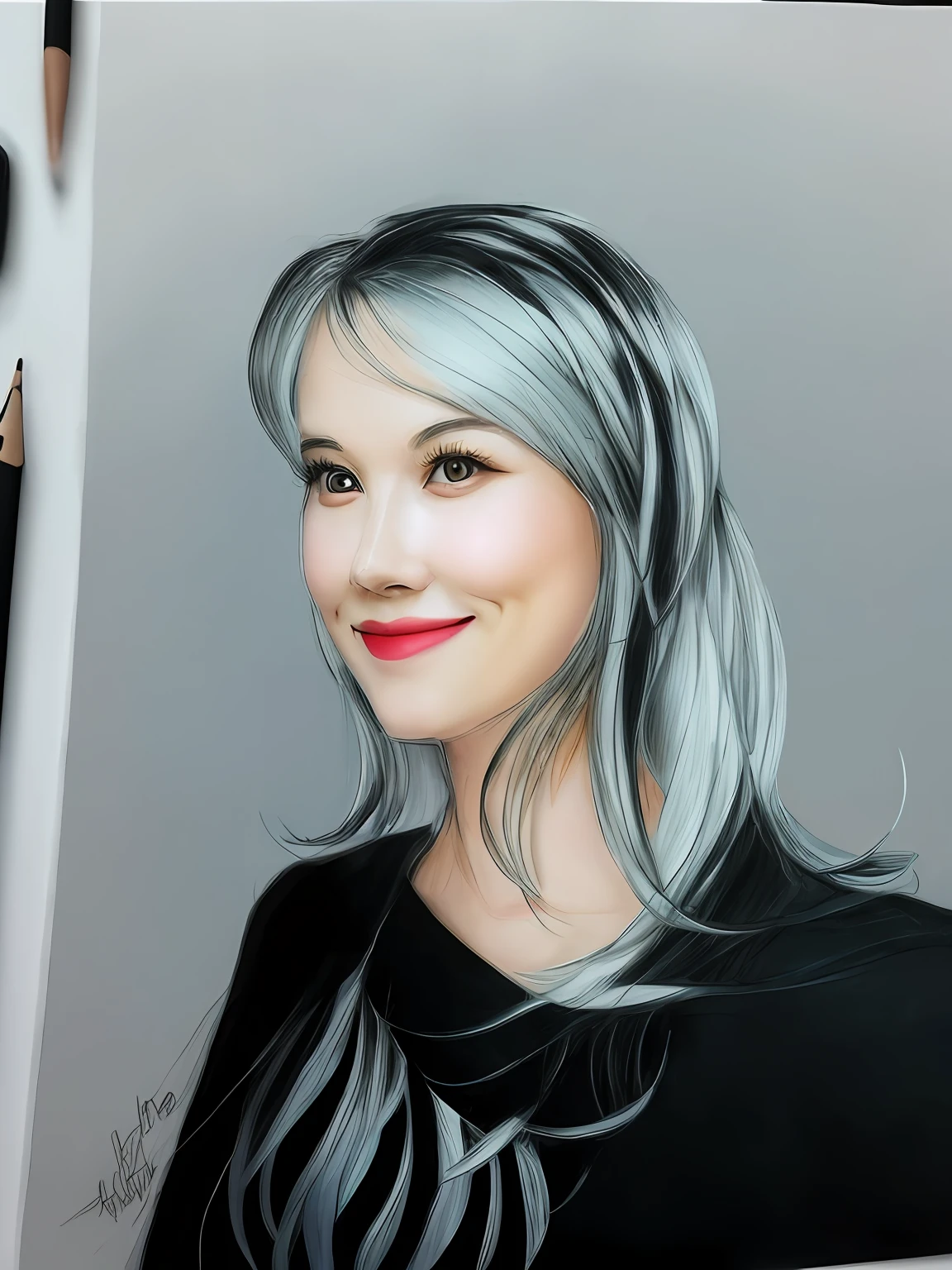 3D realistic drawing of a woman with long hair, black colored hair, a big smile, realistic light blue eyes, perfect picture, 64k