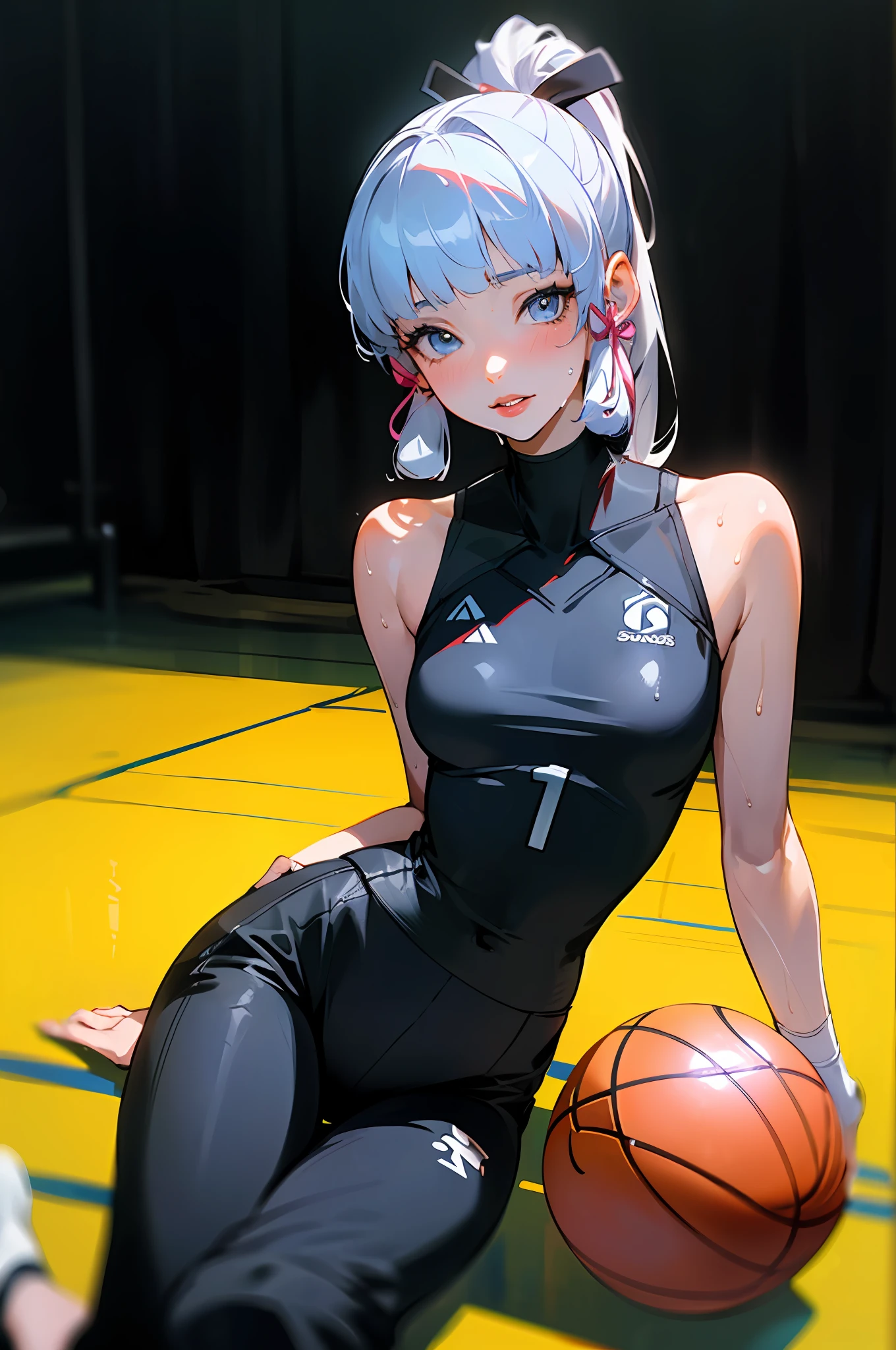 Masterpiece: 1.2, best quality), realistic, (real picture, rich details details, depth of field), (1girl, solo), makeup, cleft lip, high detail, perfect face shape, (small breasts: 1.4), (skindentation), thick thighs, Wide hips, thin waist, tall, coral, red lips, blue eyes, white hair, ponytail, ((((basketball girl, black basketball suit, mid-length pants)))), (sweat: 1.2), (wet), sexy, blushing, sweaty, big breasts, ayaka, genshin impact, ayaka style hair, ribbon in hair, full body, basketball court background, big breasts, sitting on a basketball, full body from top to bottom
