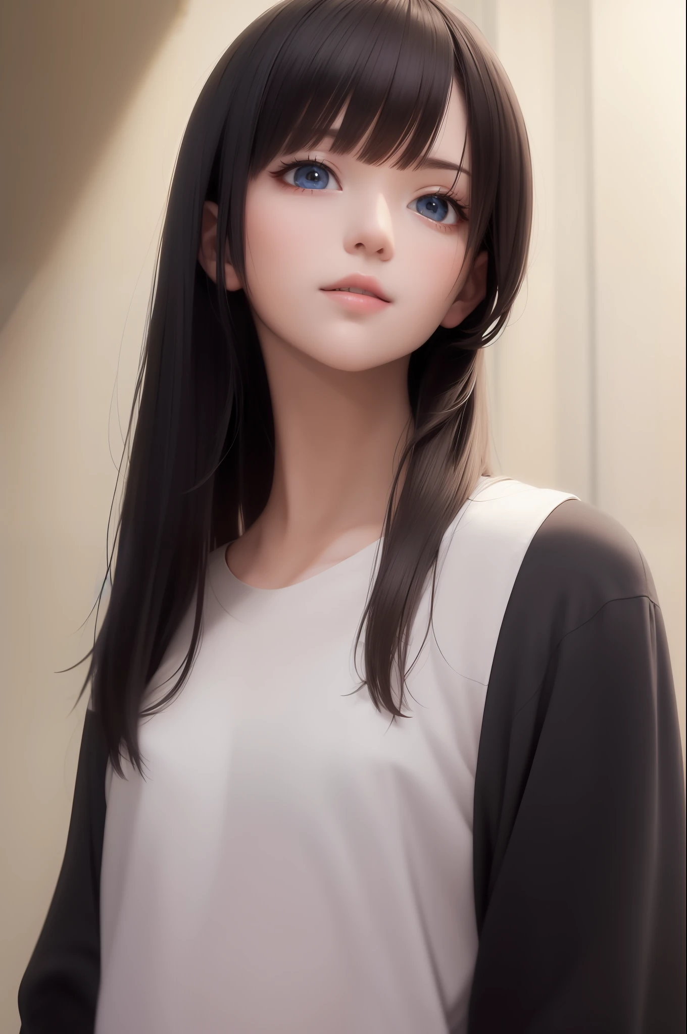 best quality, masterpiece, black hair, blue eyes, look up, upper body