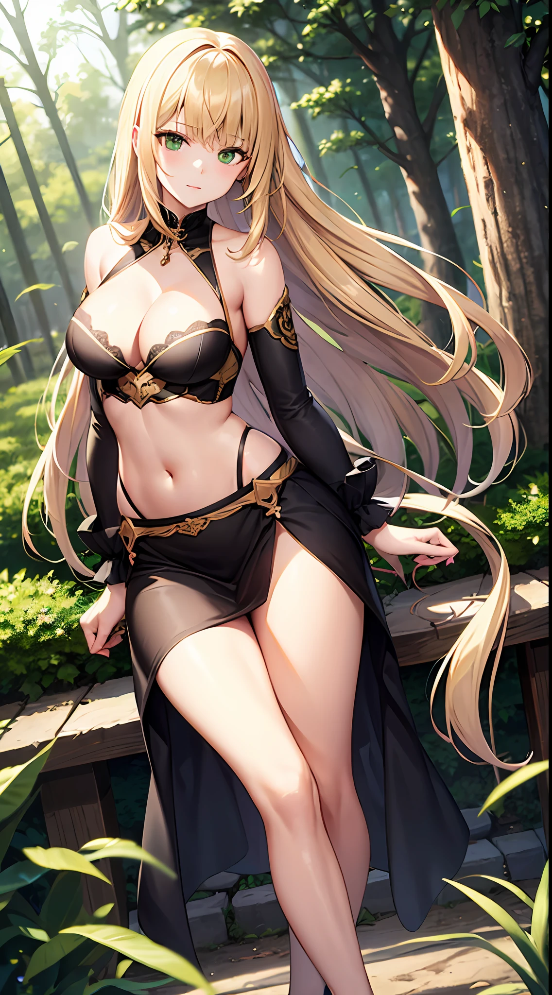 blonde hair, long hair, green eyes, cleavage, medium breast, skirt, slim legs, fighter, forest, guild, navel