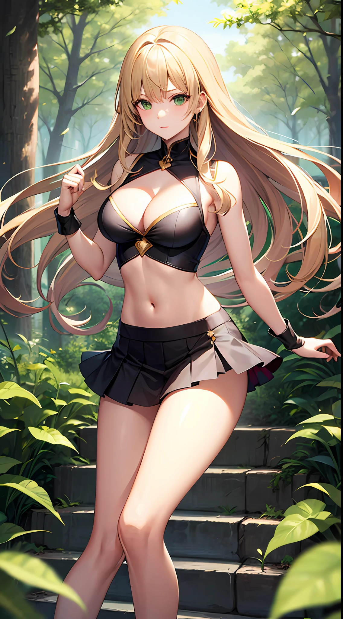 blonde hair, long hair, green eyes, cleavage, medium breast, skirt, slim legs, fighter, forest, guild, navel