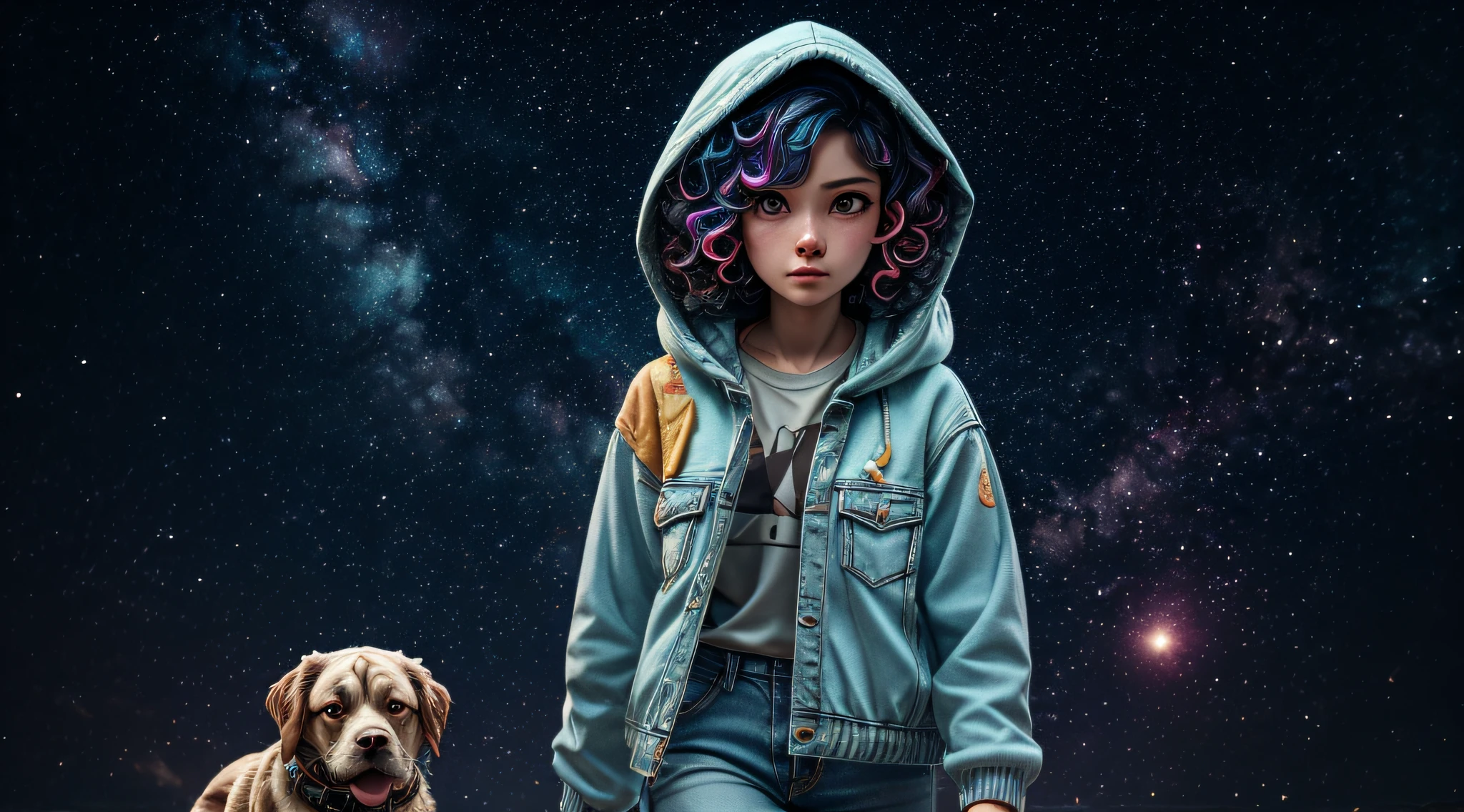 masterpiece, best illustration, woman 25 years old, short curly hair and voluminous, walking with her dog, ripped jeans, jacket, hood down, headphones, in the background a constellation and galaxies \(\(intricate details\)\),colorful details, iridescent colors BREAK,\(\(best quality masterpiece\)\),4k,ultra detailed,detailed lighting,\(\(inspired by Hayao Miyazaki\)\)