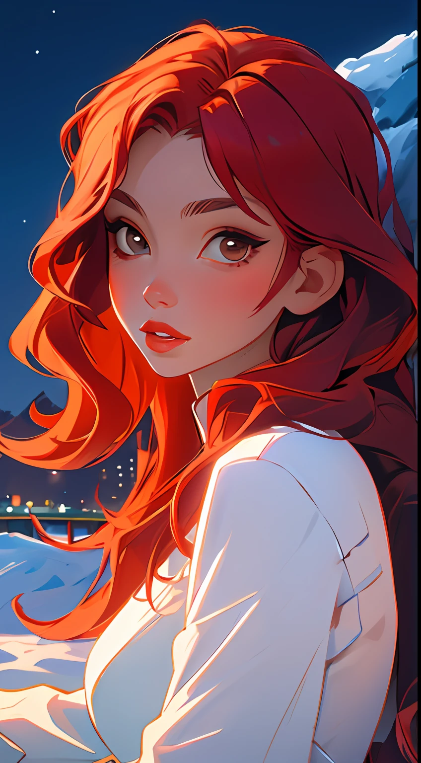 (masterpiece:1.2), (best quality:1.2), night, (looking at viewer), bright skin, outdoors, fringe, long hair, (wavy hair), soft lips, glossy lips, highly detailed, (semi-realistic:1.2), red hair