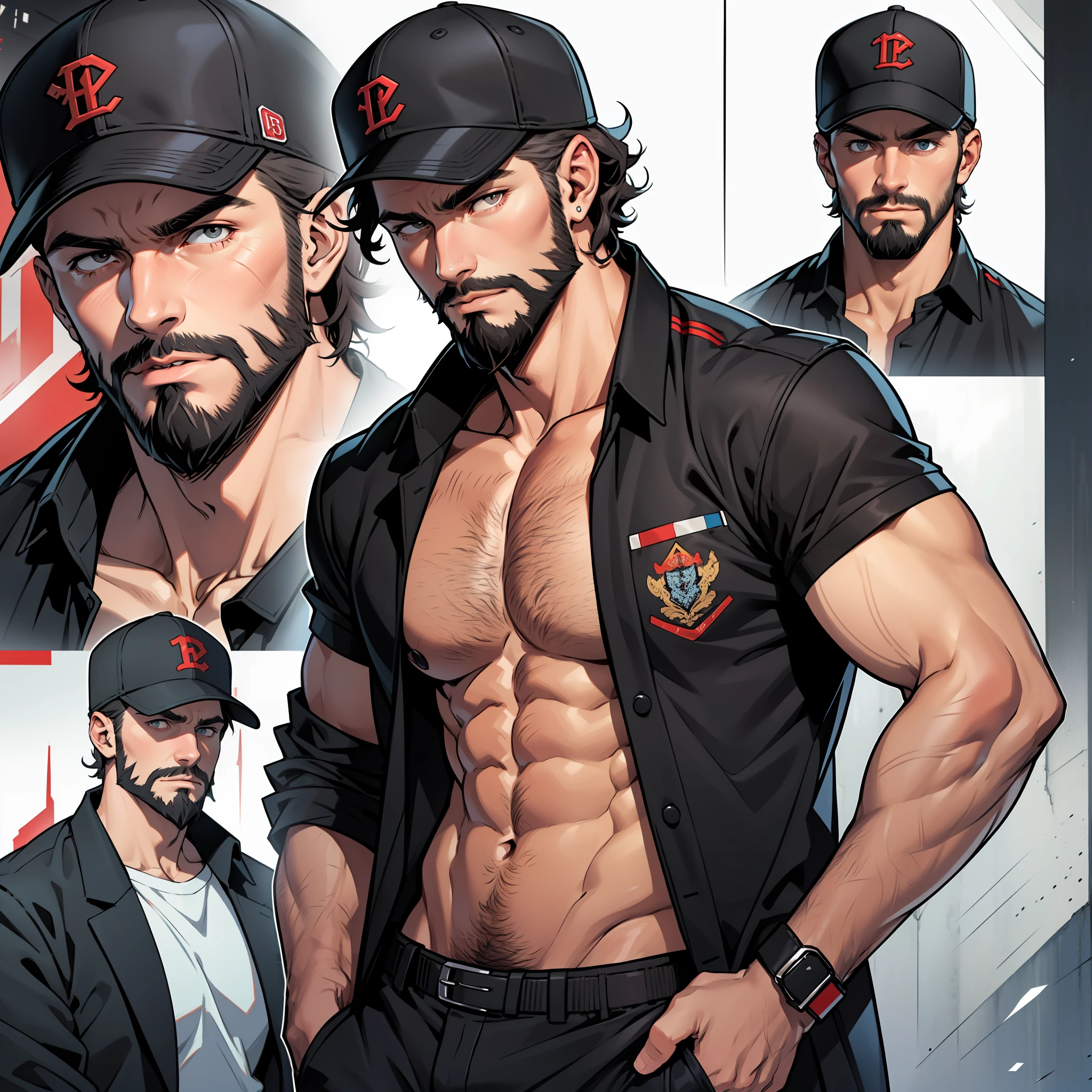 character sheet, white male with very curly short hair and beard, red baseball cap, black and red utility jacket, motorist, high quality, handsome, black suit pants, mild body hair, messy look, rugged, different facial expressions