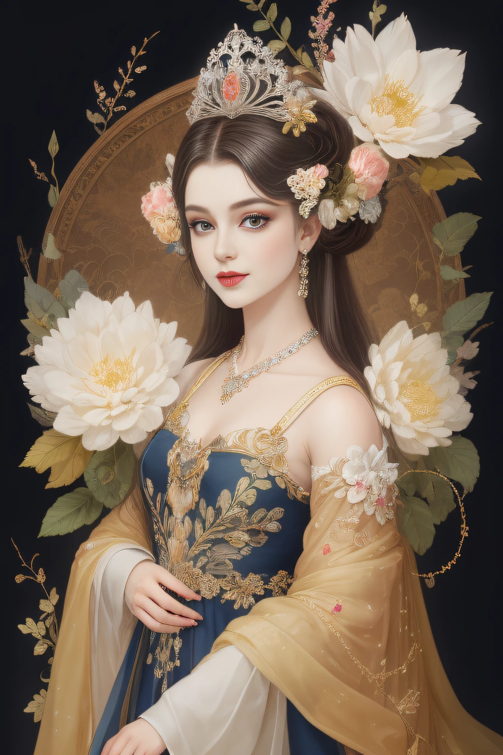 ((Gorgeous Princess)), (with long flowing white hair), (bright and beautiful eyes), BJD doll, Sparkle, Plaster, Trends on Art Station, Flower of Hope by Jean-Honor Fragonard, Peter Mohrbacher, Super Detailed, Crazy Detail, Amazing, Complex, Elite, Art Nouveau, Gorgeous, Liquid Wax, Elegant, Luxurious, Greg Rutkowski, Ink Style, Sticker, vector art beautiful character design, double exposure shooting, luminous design, award-winning work, masterpiece, amoled black background,
