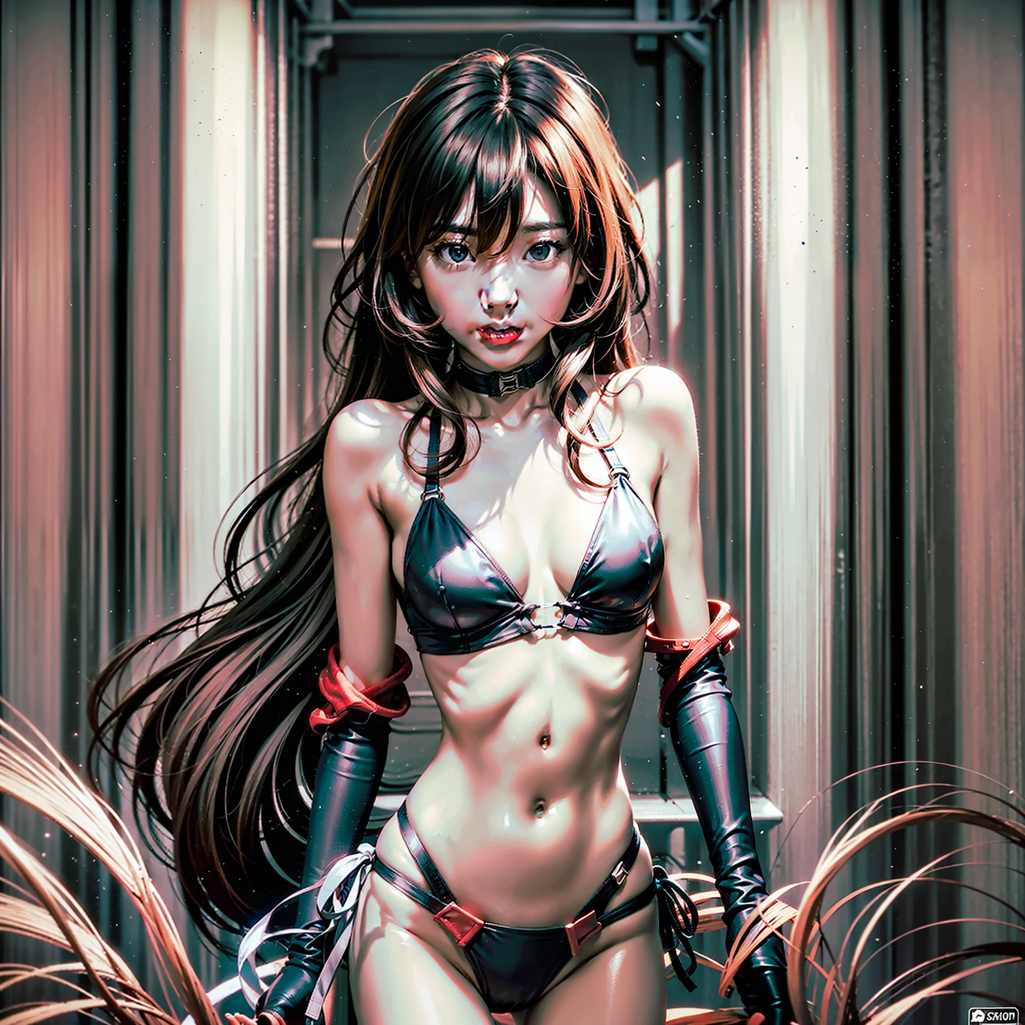 full length portrait photo, beautiful anorexic of Asuka Langley, very thin in bikini, visible bones and ribs, small flat breasts, very small waist, beautiful face, best quality, high quality, high, detail enhancement