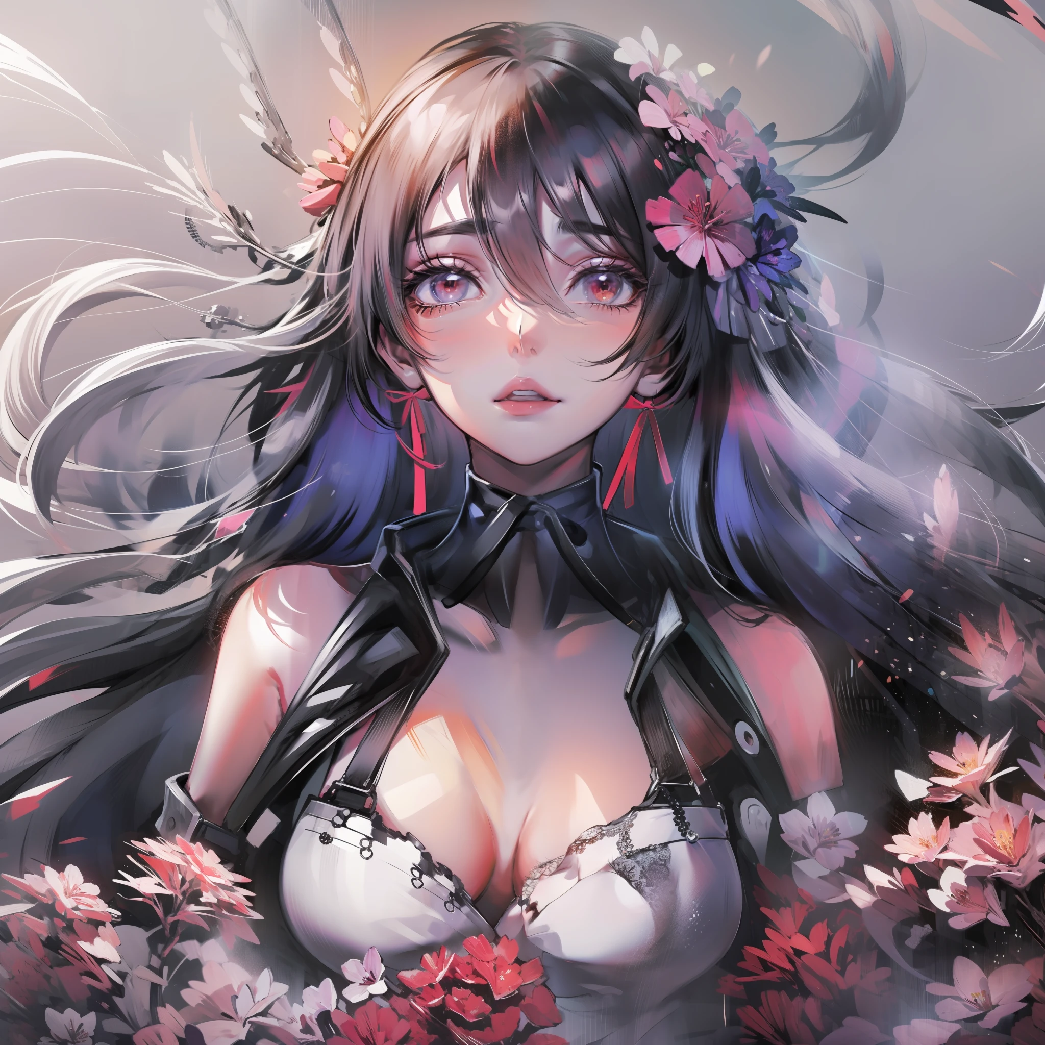 masterpiece, best quality, highres, 1girl, long hair, flowers, pink dress, red eyes, focal length: 1, hair accessory, bangs, hair between eyes, hair flowers, off-the-shoulders, collarbone, cross suspenders, slightly transparent, ribbon, background lavender flower sea, halter neck, chest, red ribbon, very long hair, wariza, hands up, hands touching lips, lying in a sea of lavender flowers