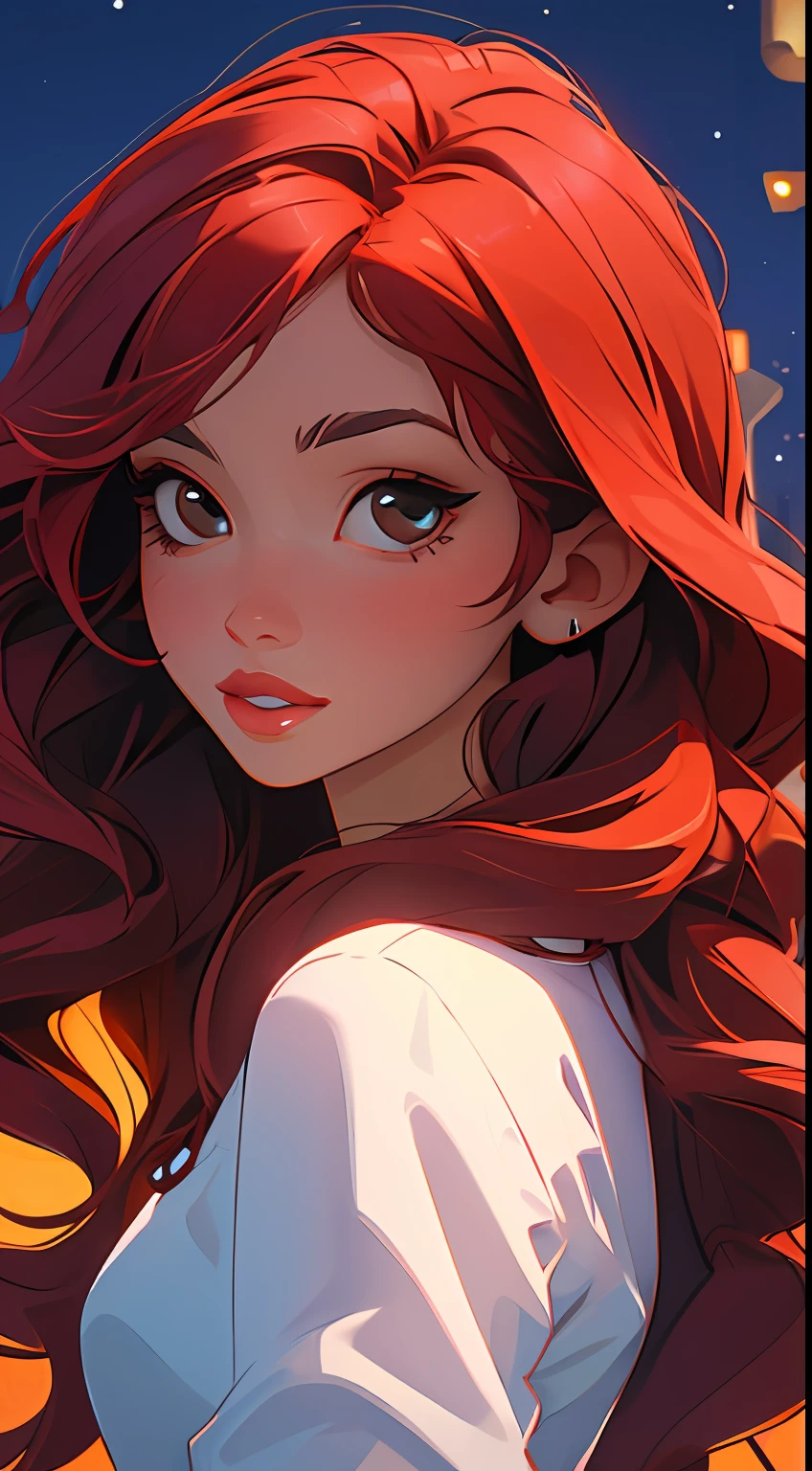 (masterpiece:1.2), (best quality:1.2), night, (looking at viewer), bright skin, outdoors, fringe, long hair, (wavy hair), soft lips, glossy lips, highly detailed, (semi-realistic:1.2), red hair