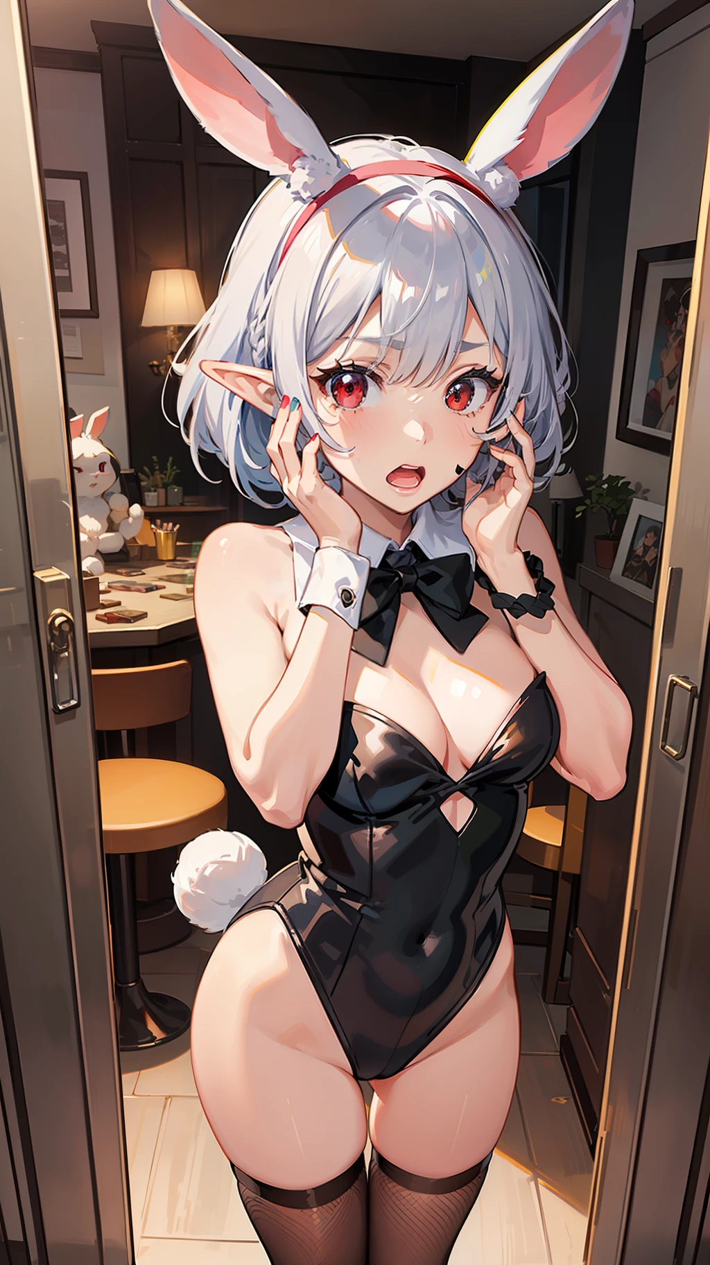 ((Put your hands on your face)), ((Surprised face)), (Red face), 1 girl's full body, Elf, Silver hair, Red eyes, Braided hair, Bob cut, Bunny girl, Leotard, Fishnets, Rabbit ears, Hair band, Casino, Mirror, TS, Concept art, Beautiful anime scene, Beautiful anime scene, Best quality, Masterpiece, 4K