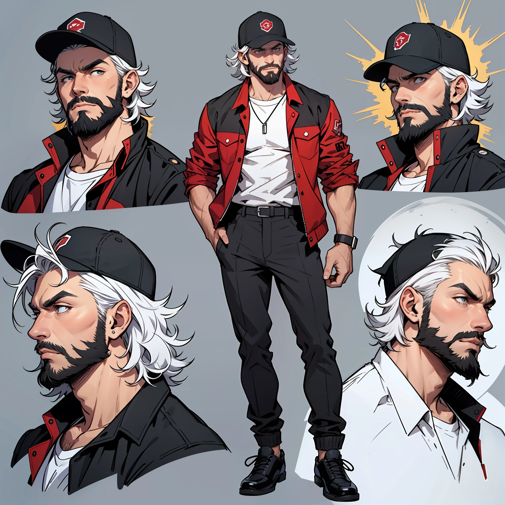 character sheet, white male with very curly short hair and beard, red baseball cap, black and red utility jacket, motorist, high quality, handsome, black suit pants, mild body hair, messy look, rugged, different facial expressions, full body, white shirt, white socks