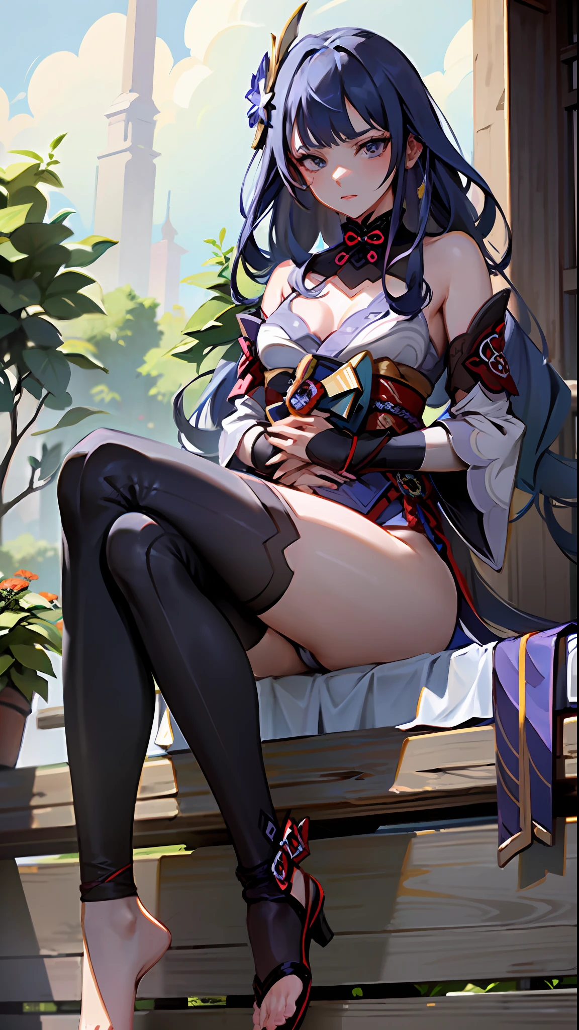 Best Quality, Masterpiece: 1.raiden shogun genshin impact sitting legs open shy look, showing feet