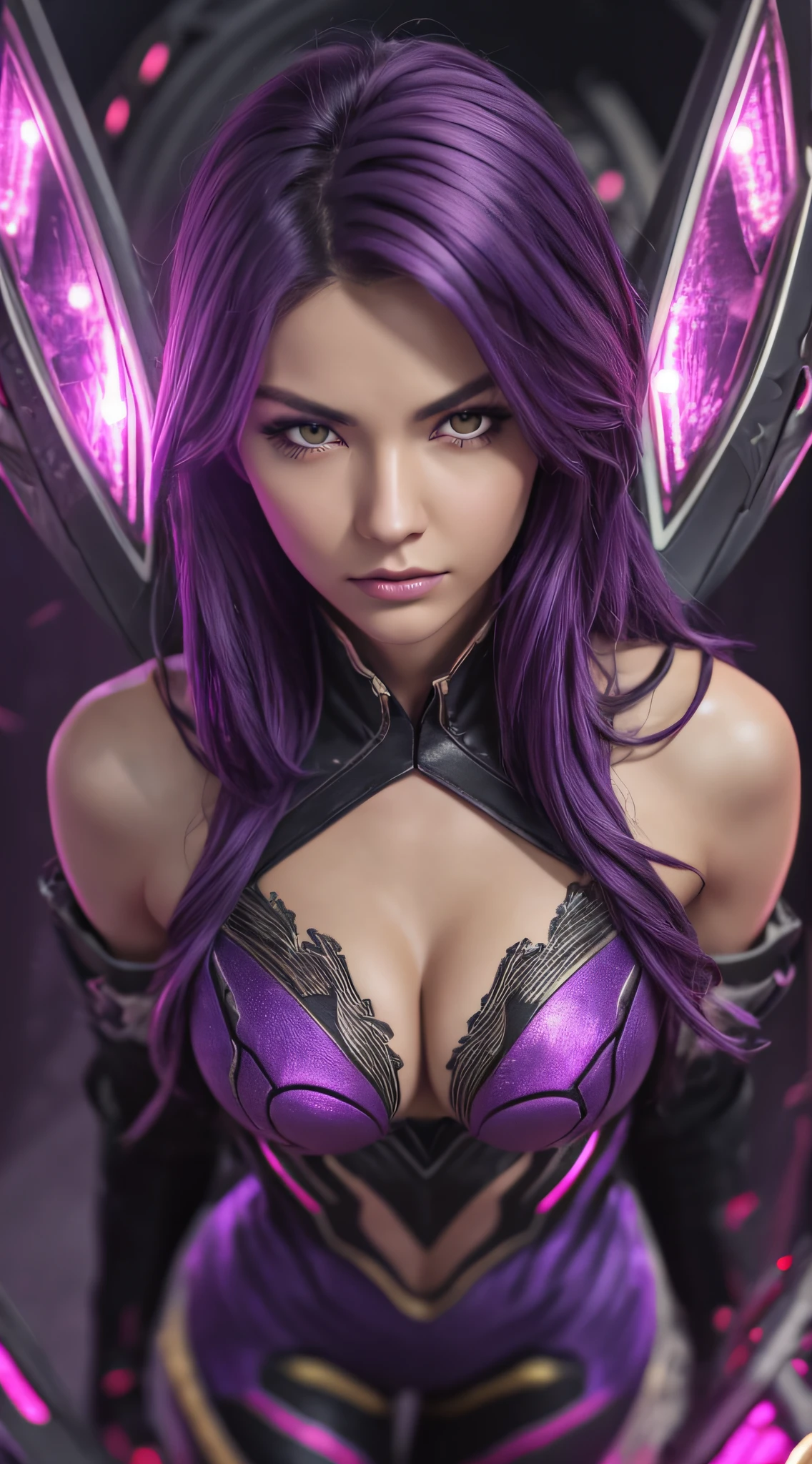 Perfect Face, Beautiful Face, Perfect Hand, 1girl, Kai'sa, League of Legends, Casa, Purple Wings, Deep Purple Hair, Purple Eyes, Serious Expression, Strong Glare, Looking at the Audience, Pinch (Dynamic Pose), (Void Wings), Weapons, Masterpiece, Extremely Detailed CG Unity 8k Wallpaper, Best Quality, 32k, Clear Focus, Cyber City, Neon, Aperture, Black Hole in the background, Purple Leather Pants