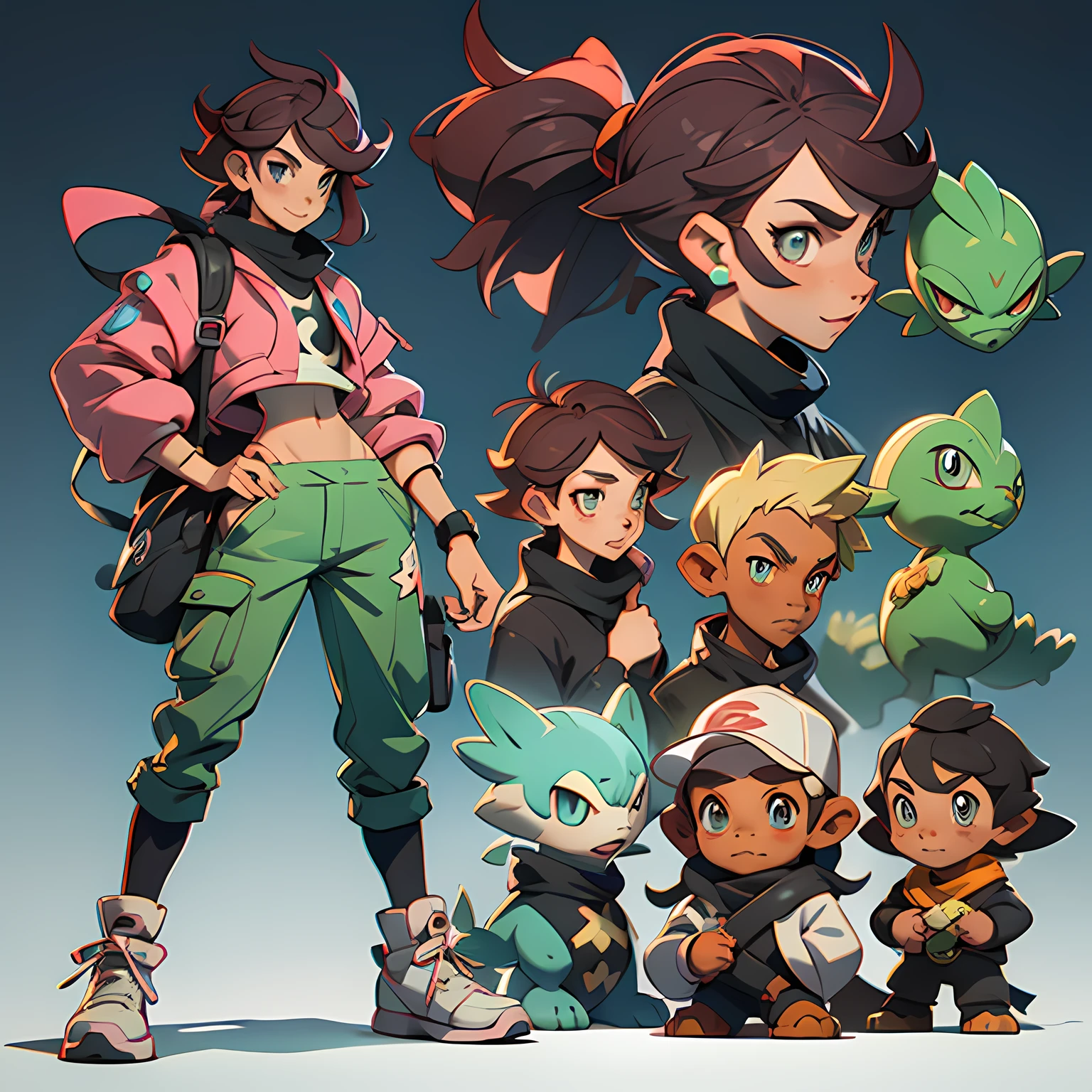 (masterpiece: 1.2, best quality), boy, pokemon trainer, concept art, character concept art, pokémon style