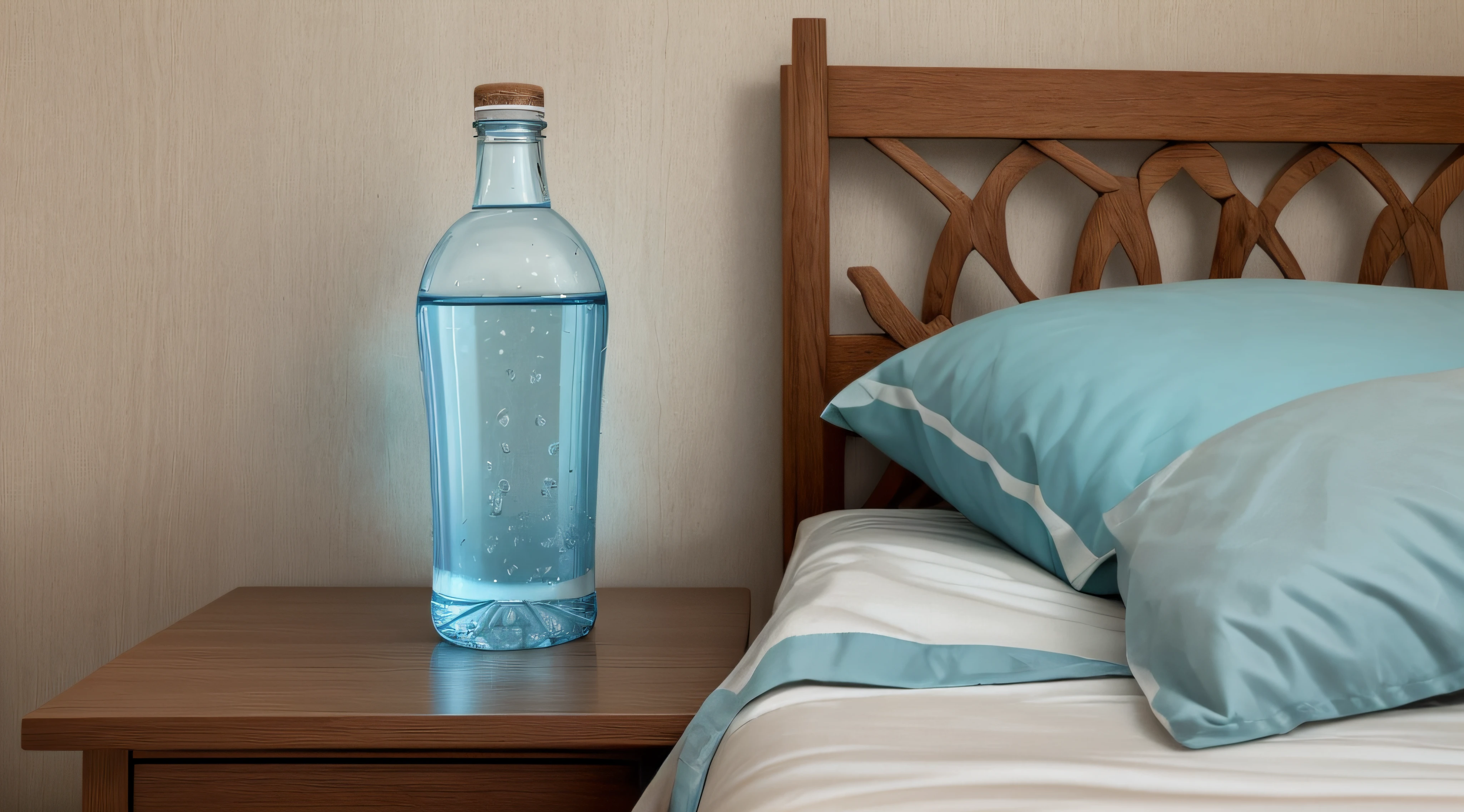 a bottle of water on a nightstand next to the bed