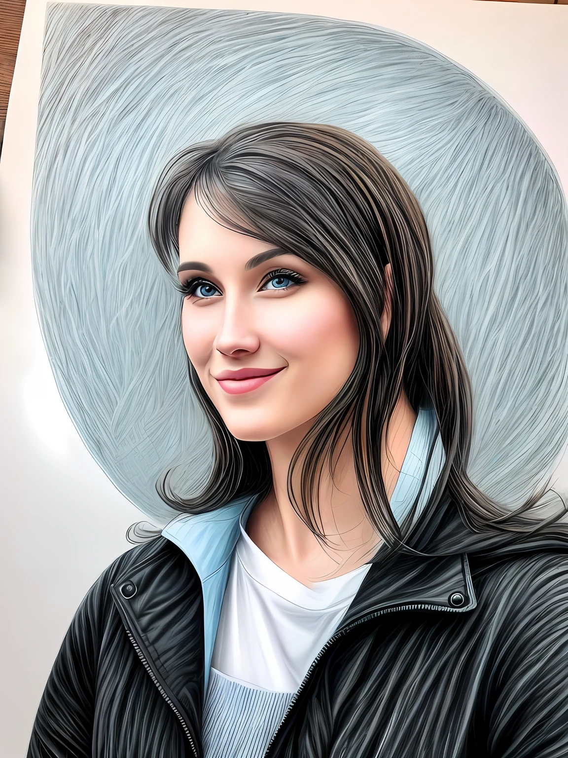 ultra realistic drawing of a woman with long hair and a big smile,, gorgeous black colored hair, perfect light blue eyes, skin of the face of a young woman of 20 years, wearing a cold jacket rich in details, imgem and perfect light, 64k