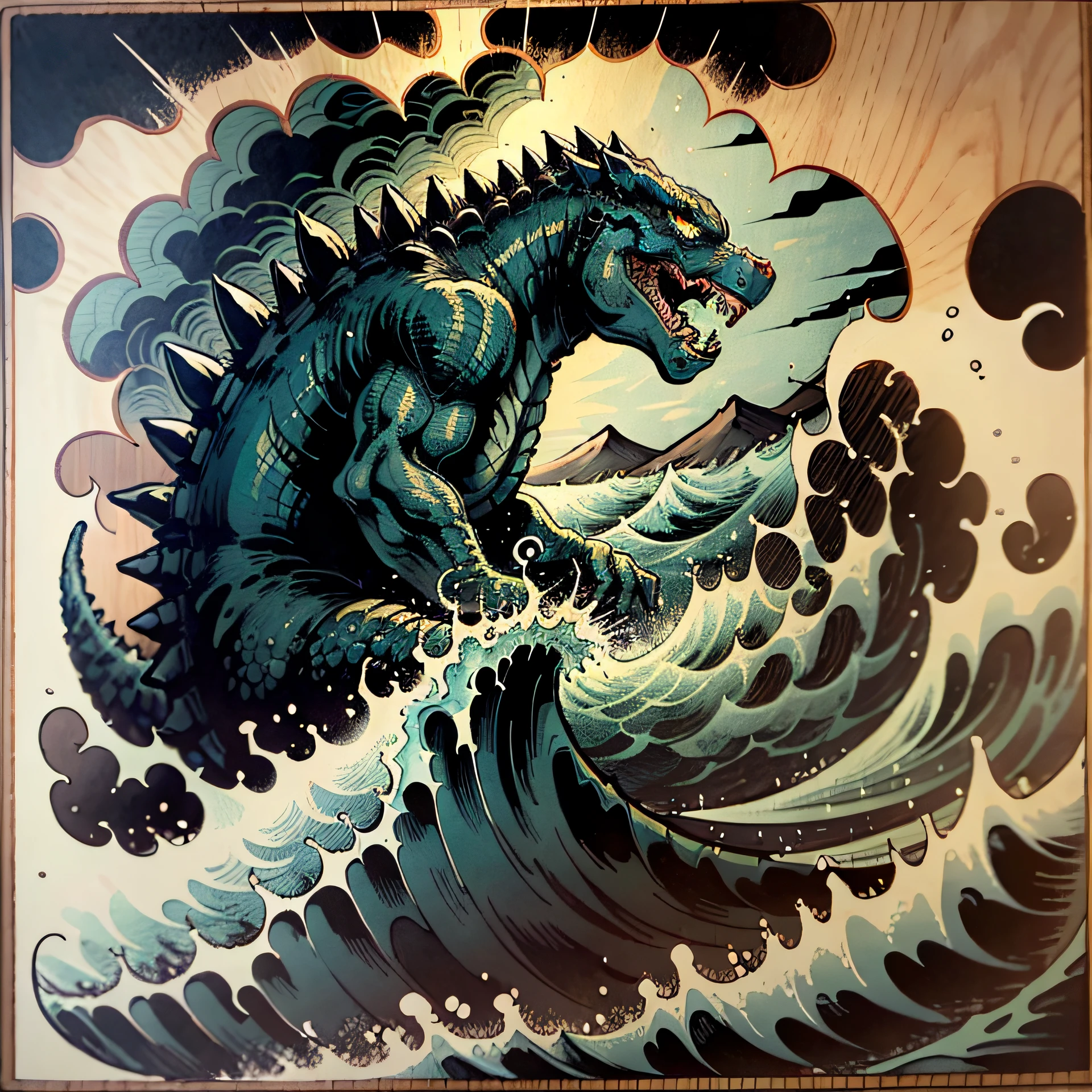 Godzilla (1954) coming out of the big wave of Kanagawa style ((ukiyou-e woodcut)), pastel colors, Hokusai, Mount Fuji in the background, small boat yes with fishermen (bottom right) old