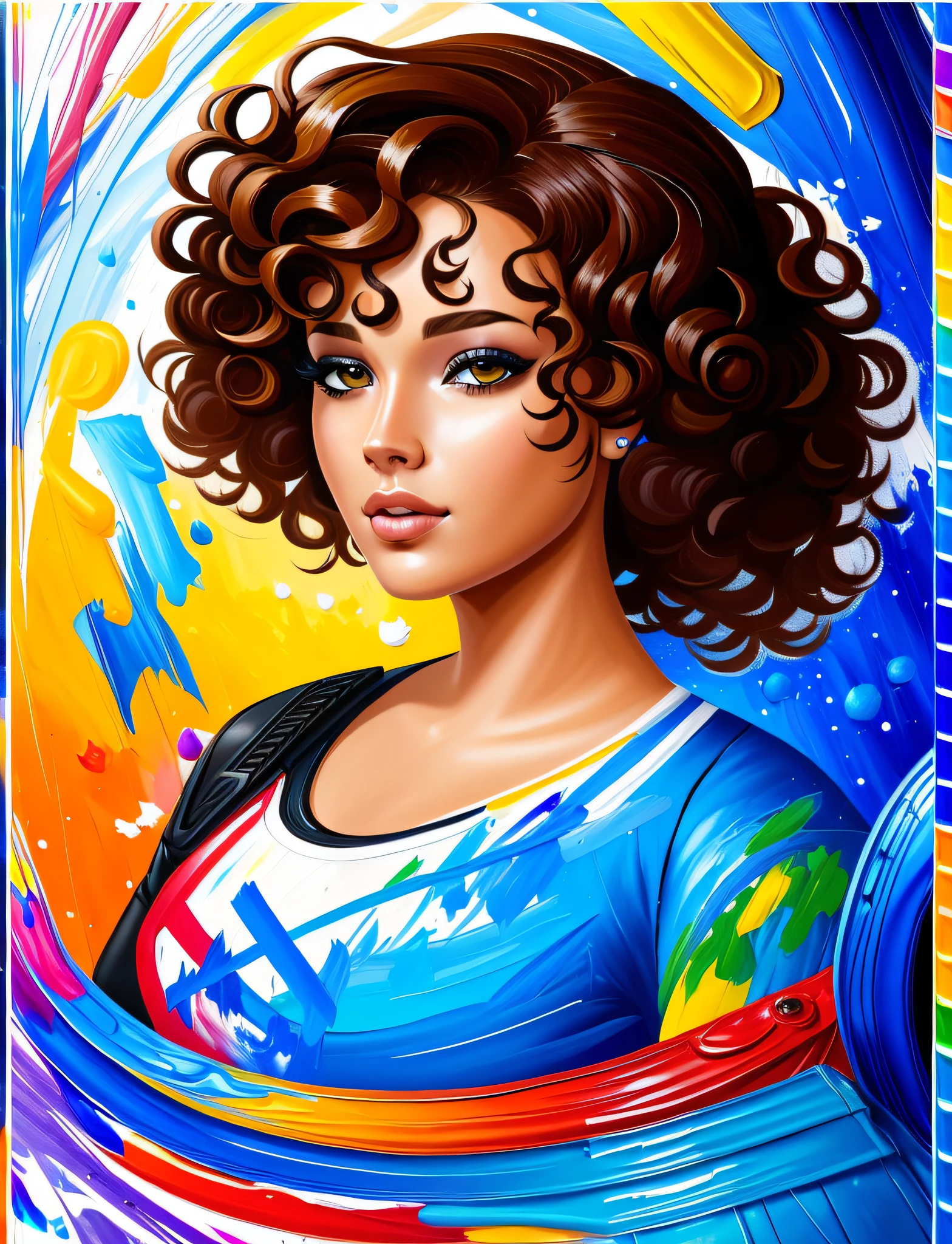 ((quick paint:1.4)), vector, graphic novel, woman with curly hair wearing nerdy clothes with detailed seductive eyes in a gamer room, with playstation controller in the middle of a galaxy