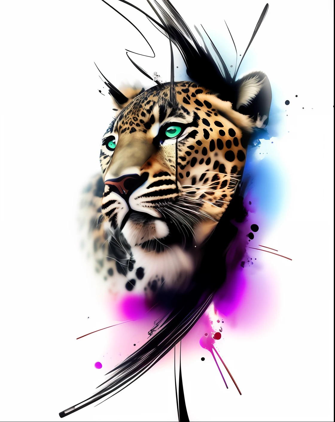 a close up of a leopard with a paint splatter on it, jaguar head tattoodesign, by Camilo Egas, realism tattoo design, art of alessandro pautasso, by Leticia Gillett, ink style, ✏️🎨, by derek zabrocki, jaguar, digital art animal photo, wild pencil style, by Roberto Parada, by Mario Dubsky