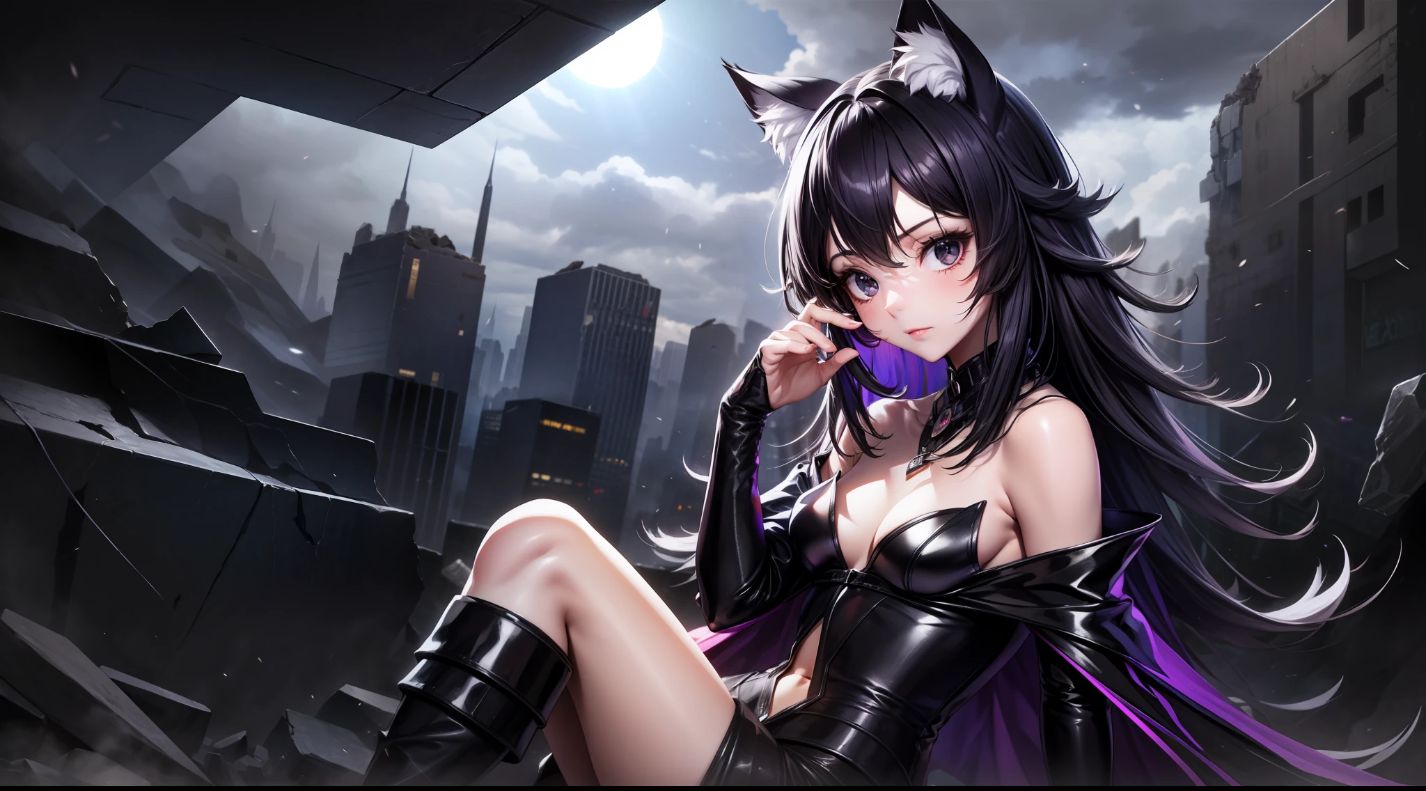 \(Style\): { Masterpiece, Best Quality, High Resolution, Super Detail, Flat Lighting, }, \(Composition\):\{1 Girl, Viewfinder}, \(Appearance\): {(Long Medium Hair: 0.8), Black-Purple Hair, (Straight Hair: 1.2), Black-Purple Cat Ears, Small White Ear Fluff, Shiny Hair, Black Eyes },\(Clothing\): { Black Purple Fashion }, \(Behavior\): { Have a magic wand }, \(Location\): { ( apocalyptic world, ruined city ) }
