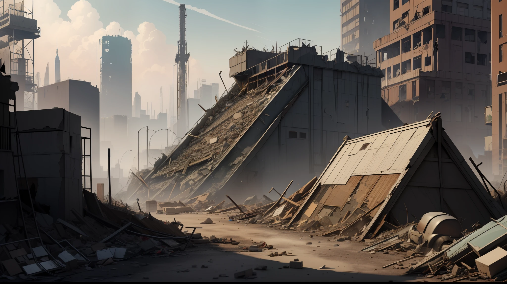 New York Ruined buildings with crumbling buildings and debris-filled streets, depicting the aftermath of destruction, cars covered with dust, Ultra 8k texture quality,grey weather, Realism,cinematic lighting, volumetric lighting,detailed,Background blur