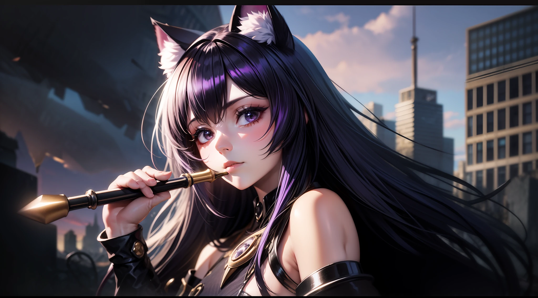 \(Style\): { Masterpiece, Best Quality, High Resolution, Super Detail, Flat Lighting, }, \(Composition\):\{1 Girl, Viewfinder}, \(Appearance\): {(Long Medium Hair: 0.8), Black-Purple Hair, (Straight Hair: 1.2), Black-Purple Cat Ears, Small White Ear Fluff, Shiny Hair, Black Eyes },\(Clothing\): { Black Purple Fashion }, \(Behavior\): { Have a magic wand }, \(Location\): { ( apocalyptic world, ruined city ) }