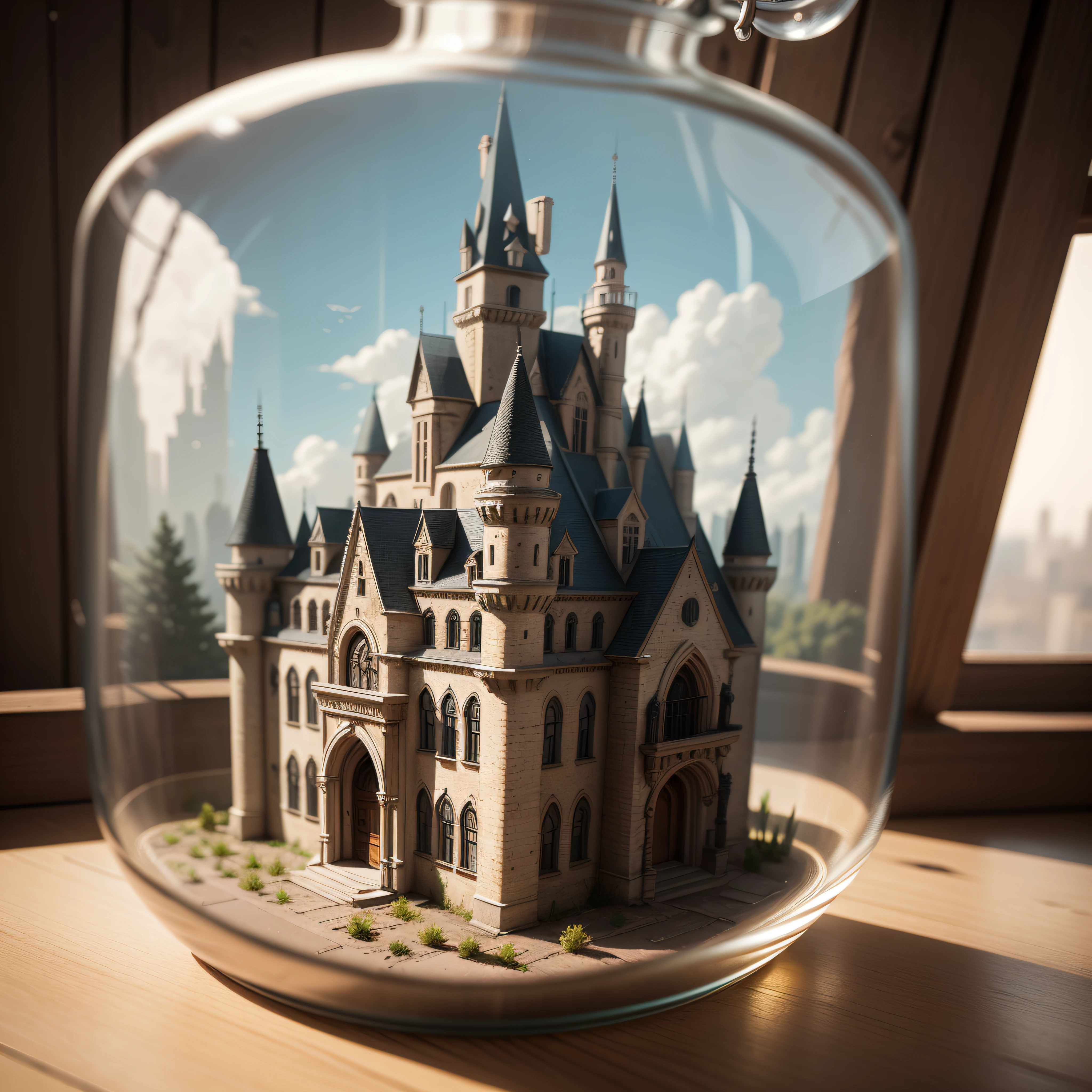 castle inside a square glass jar with lid, placing on the windowsill, extremely detailed, 8K, apocalyptic punk style, miniatures, macro photography in close-up --auto