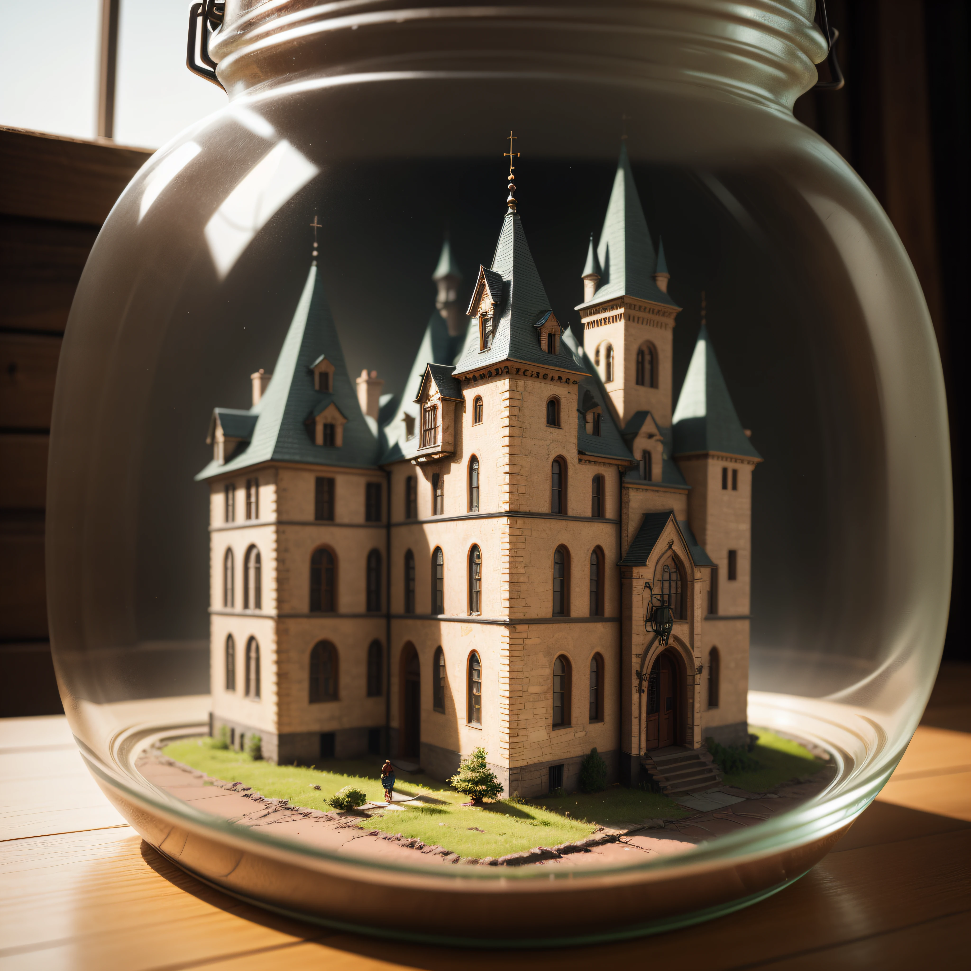 castle inside a square glass jar with lid, placing on the windowsill, extremely detailed, 8K, apocalyptic punk style, miniatures, macro photography in close-up --auto