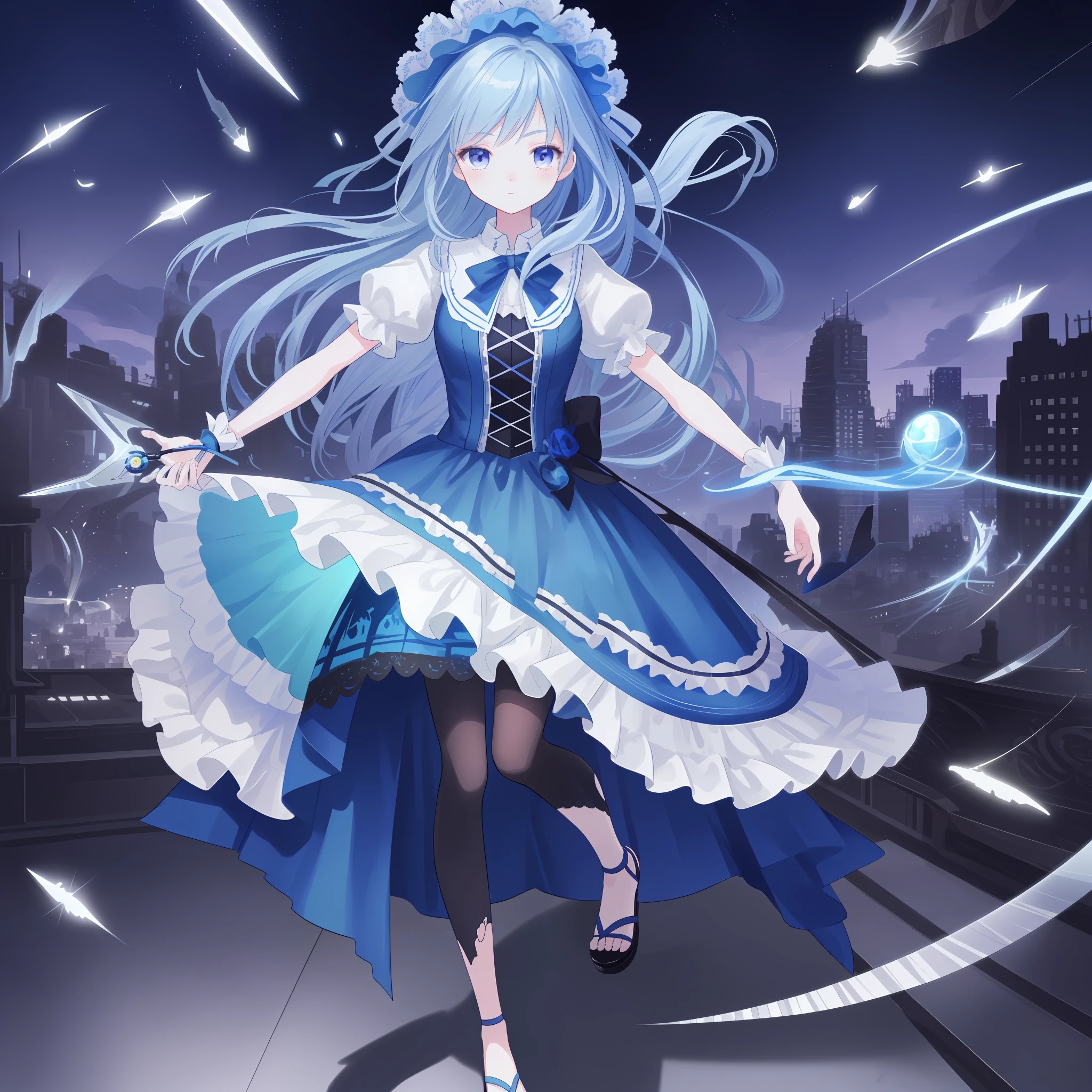 Masterpiece, Best Quality, (Very Detailed CG Unity 8k Wallpaper) (Best Quality), (Best Illustration), (Best Shadow), Lori, Blue Lolita Dress, Blue Hair, Blue Ponet, Cute and Gorgeous Lolita, Blue Scissors, Cornflower Headdress, Magical Girl, Magic, Fly, City Under Your Feet, Purple Broken Sky, Unspeakable Monster, Twisted Enemy