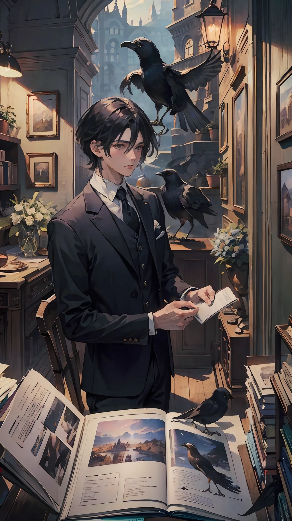 Young man, man, male, super detailed, very detailed, best quality, masterpiece, illustration, an extremely exquisite beautiful, very detailed, CG, solidarity, 8K wallpaper, amazing, fine details, masterpiece, best quality, official art, extremely detailed CGUnity8K wallpaper, boy, crow, gentleman